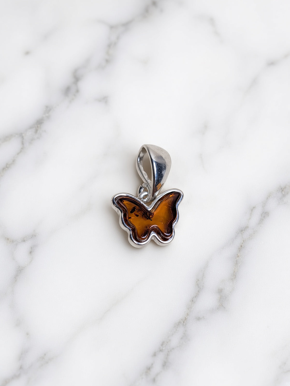 Handmade Butterfly Shaped Honey Cognac Cabochon & Sterling Silver Pendant