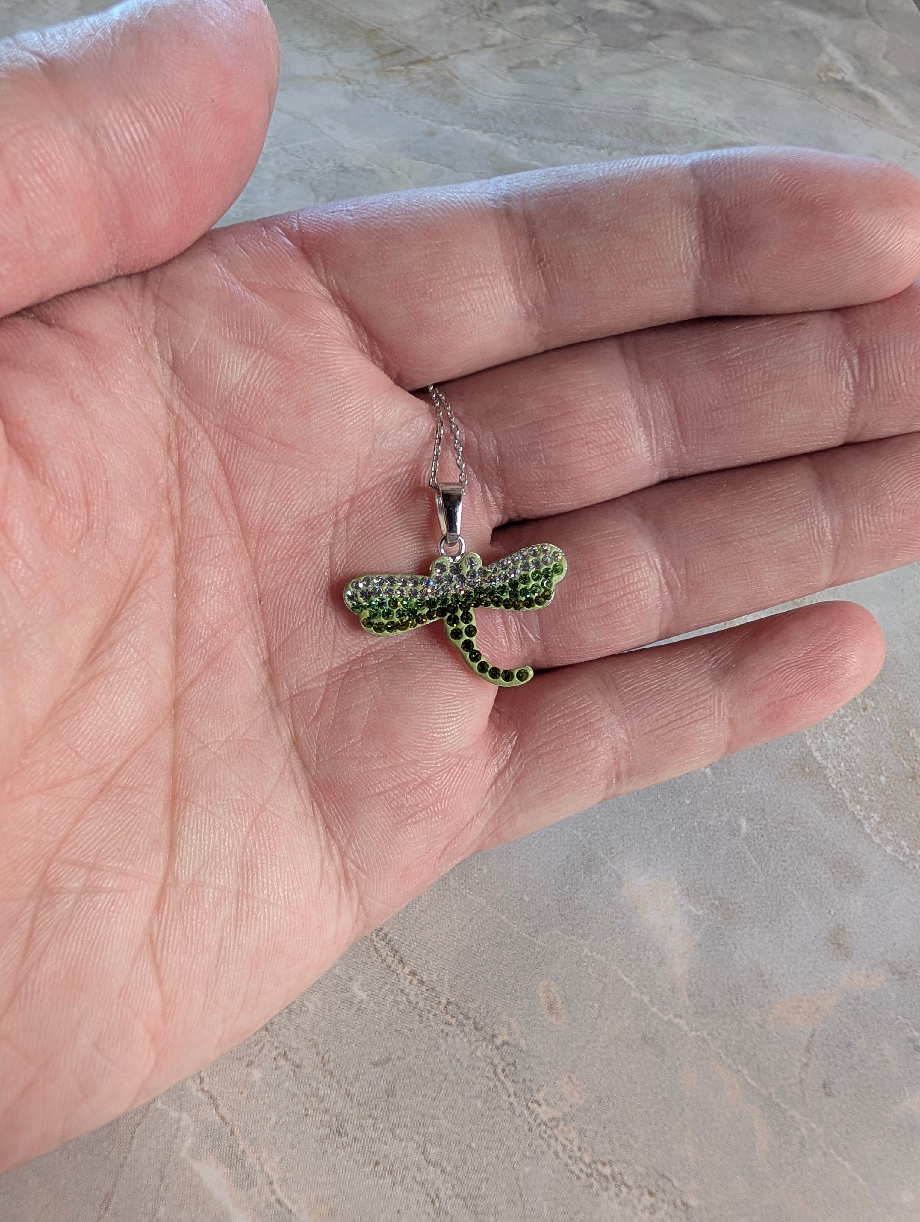 Sterling Silver CZ Studded Green DragonFly Pendant Necklace
