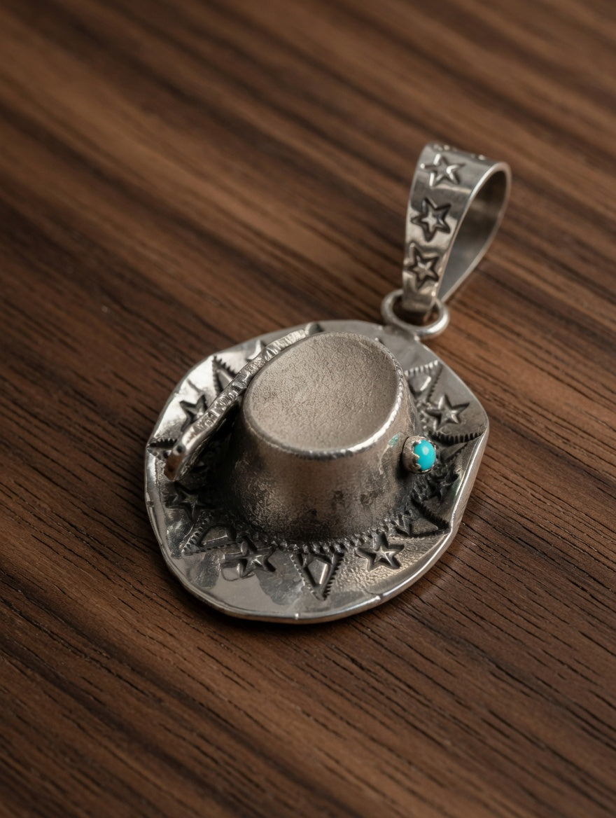 Midnight Desert Cowboy Hat Sterling Silver Pendant with Turquoise Accent