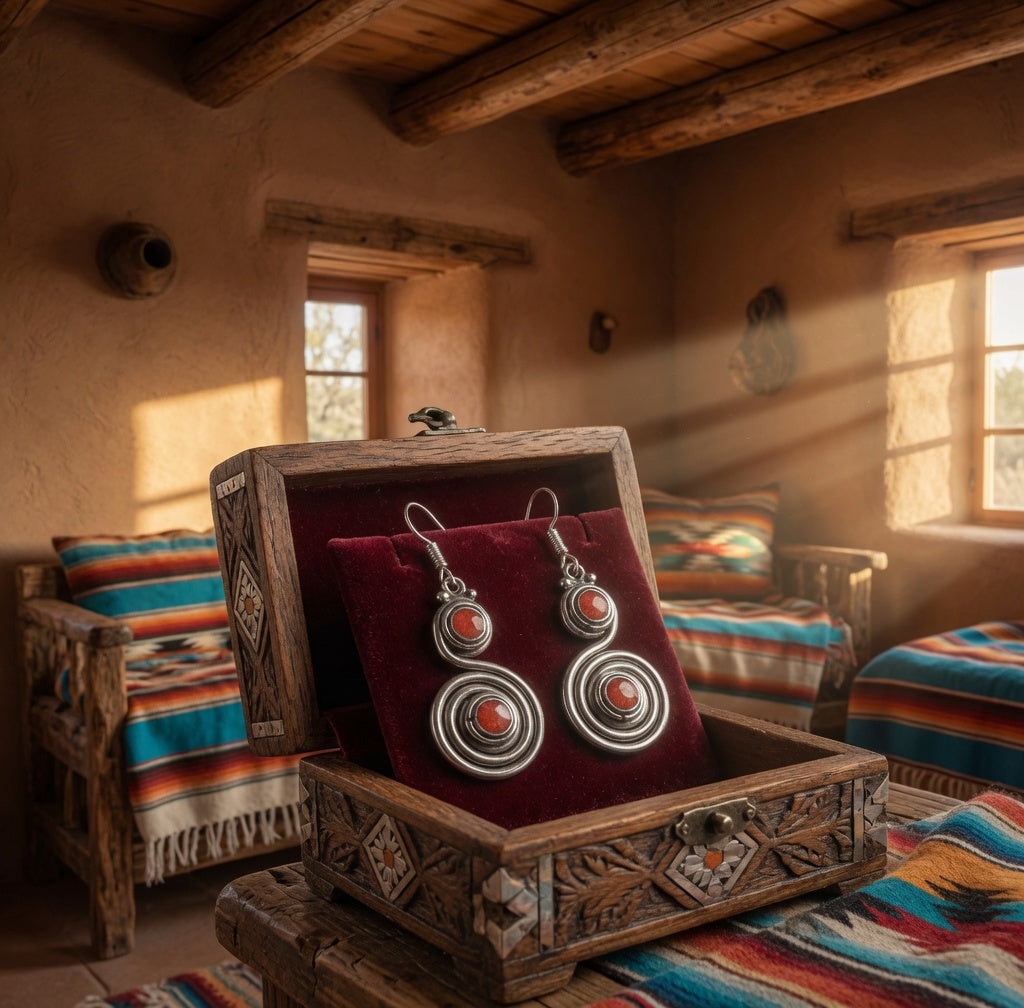 Coral & Silver Spiral Dangle Earrings