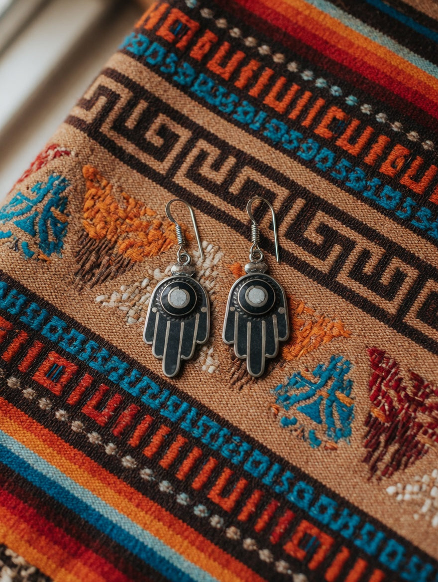 Vintage Southwestern Black Onyx & Silver Hamsa Hand Of Protection Dangle Earrings