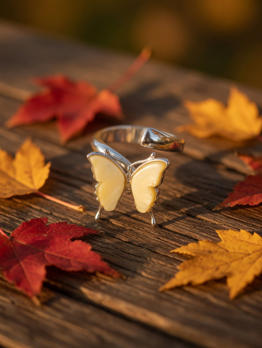 Yellow Amber Handmade Sterling Silver Butterfly Adjustable Ring