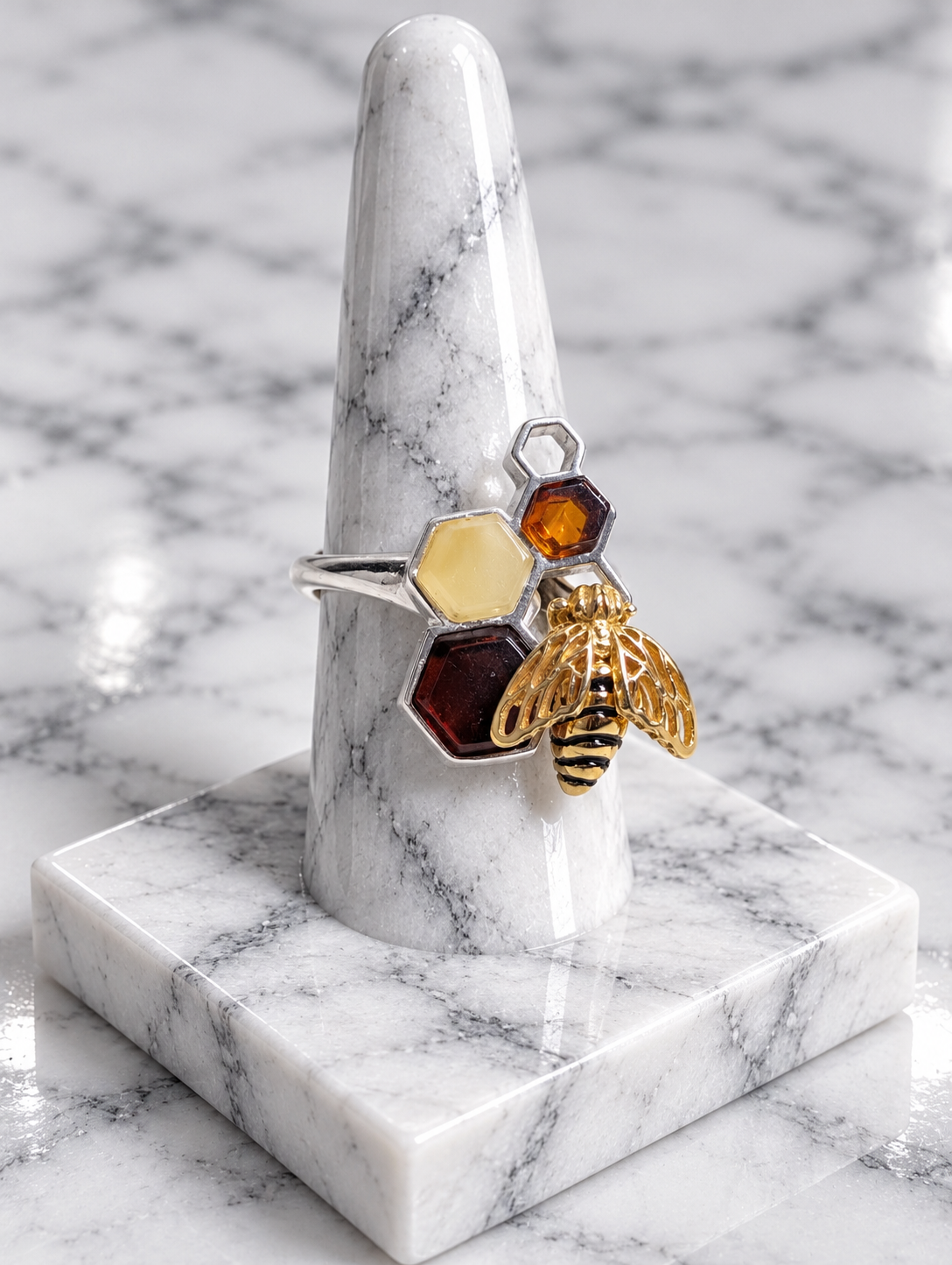 Handmade Bee Honeycomb Honey Cognac Cabochons & Sterling Silver Adjustable Ring