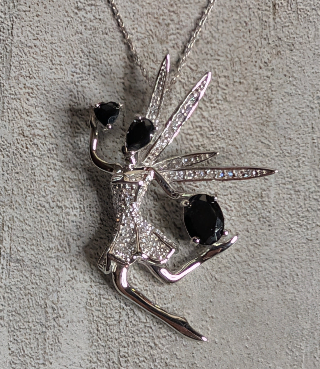 Sterling Silver CZ & Black Onyx Fairy Pendant Necklace