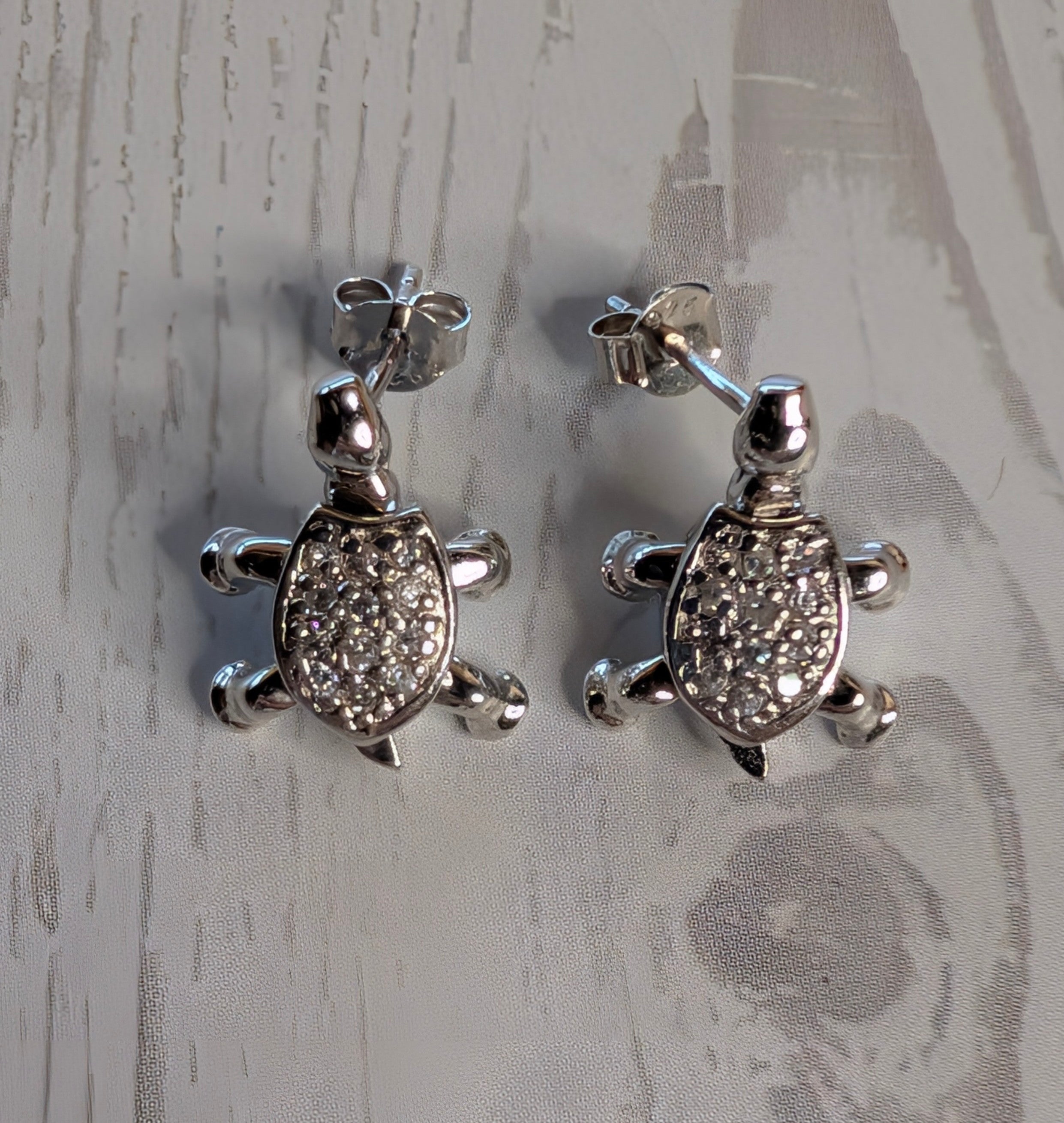 Sterling Silver CZ Tiny Turtle Dangling Earrings On Post