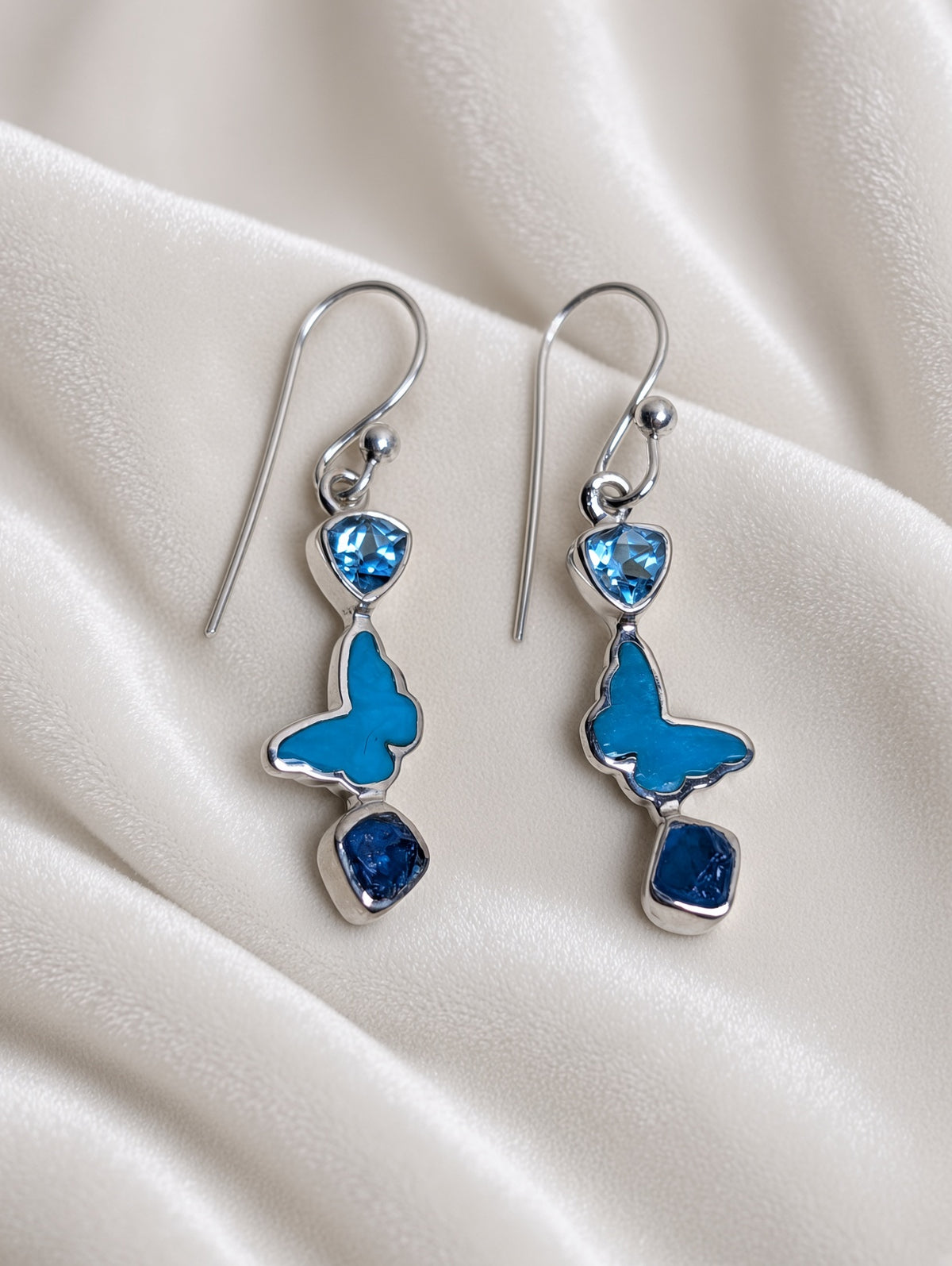 Handmade Butterfly Earrings with Blue Topaz, Turquoise Cabochon,   Lapis & Sterling Silver