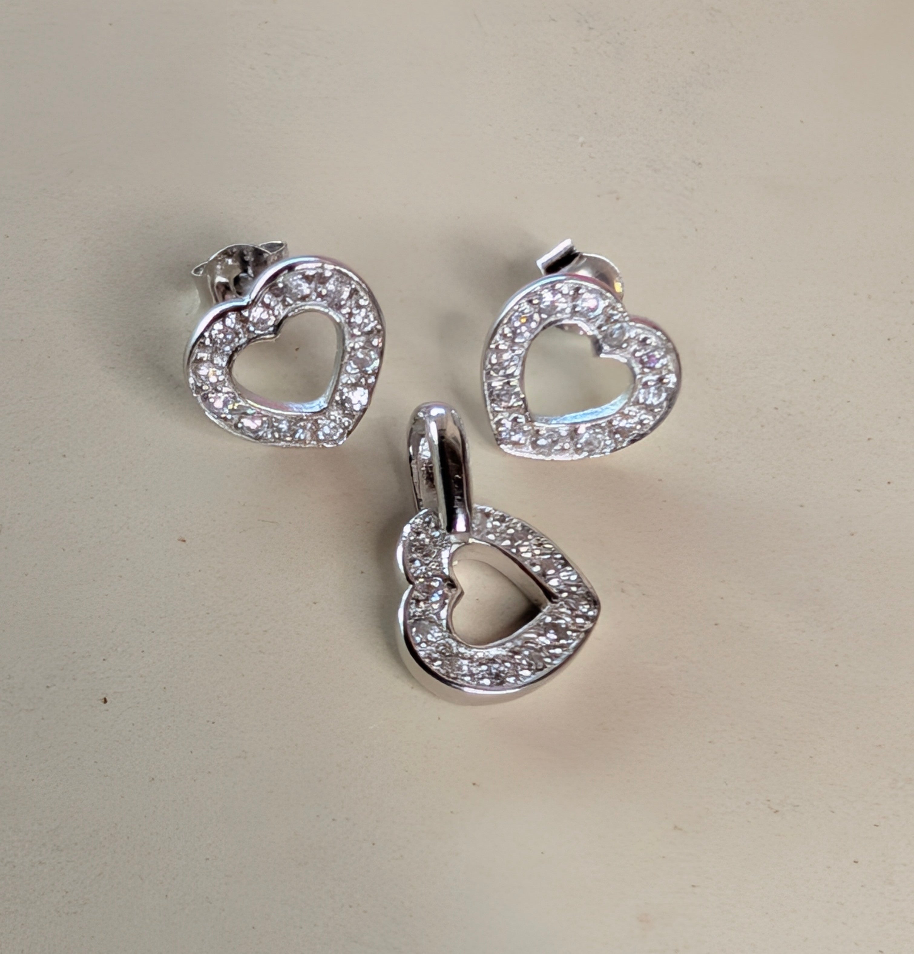 Sterling Silver CZ Outlined Heart Earrings & Pendant Jewelry Set