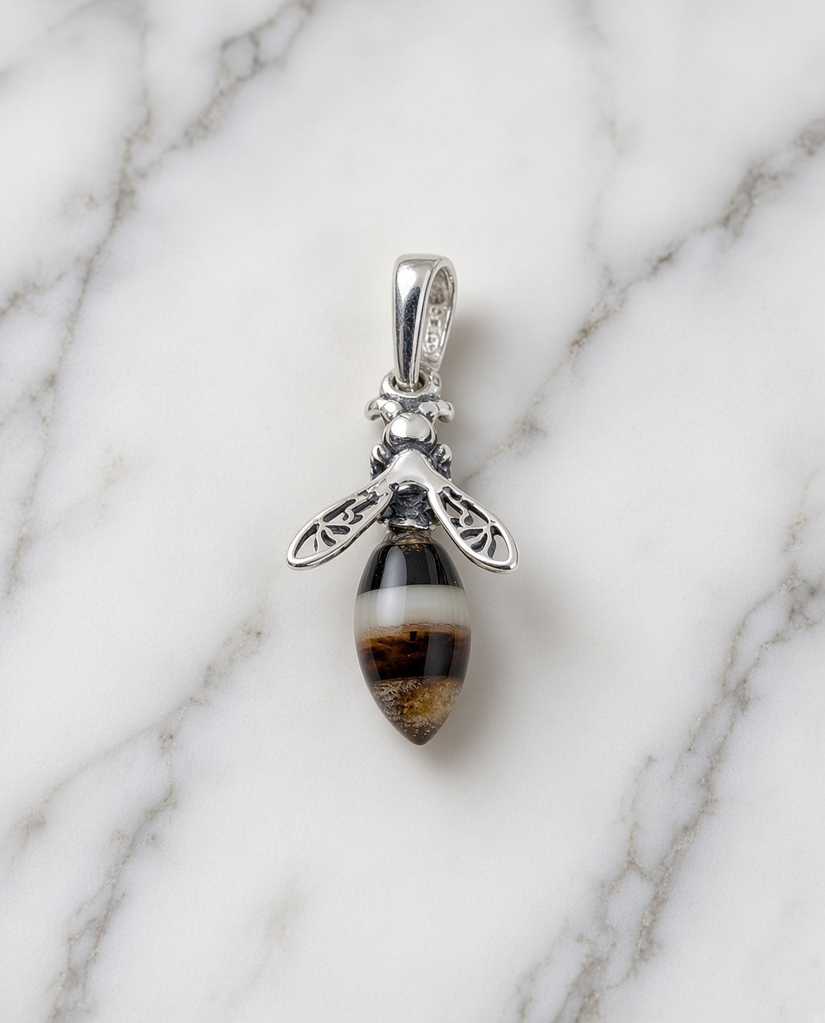 Handmade Bee Honey Cognac Cabochon & Sterling Silver Pendant