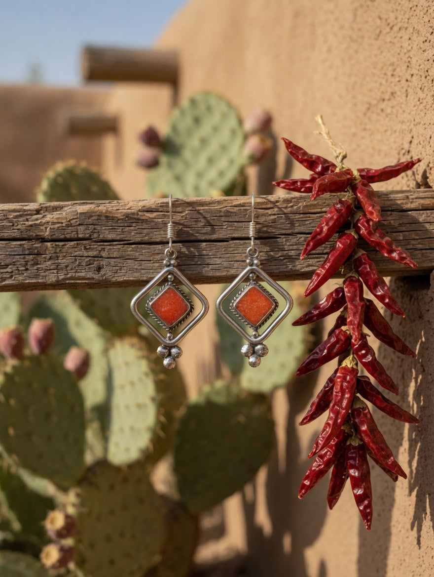 Vintage Southwestern Coral & Silver Dangle Earrings
