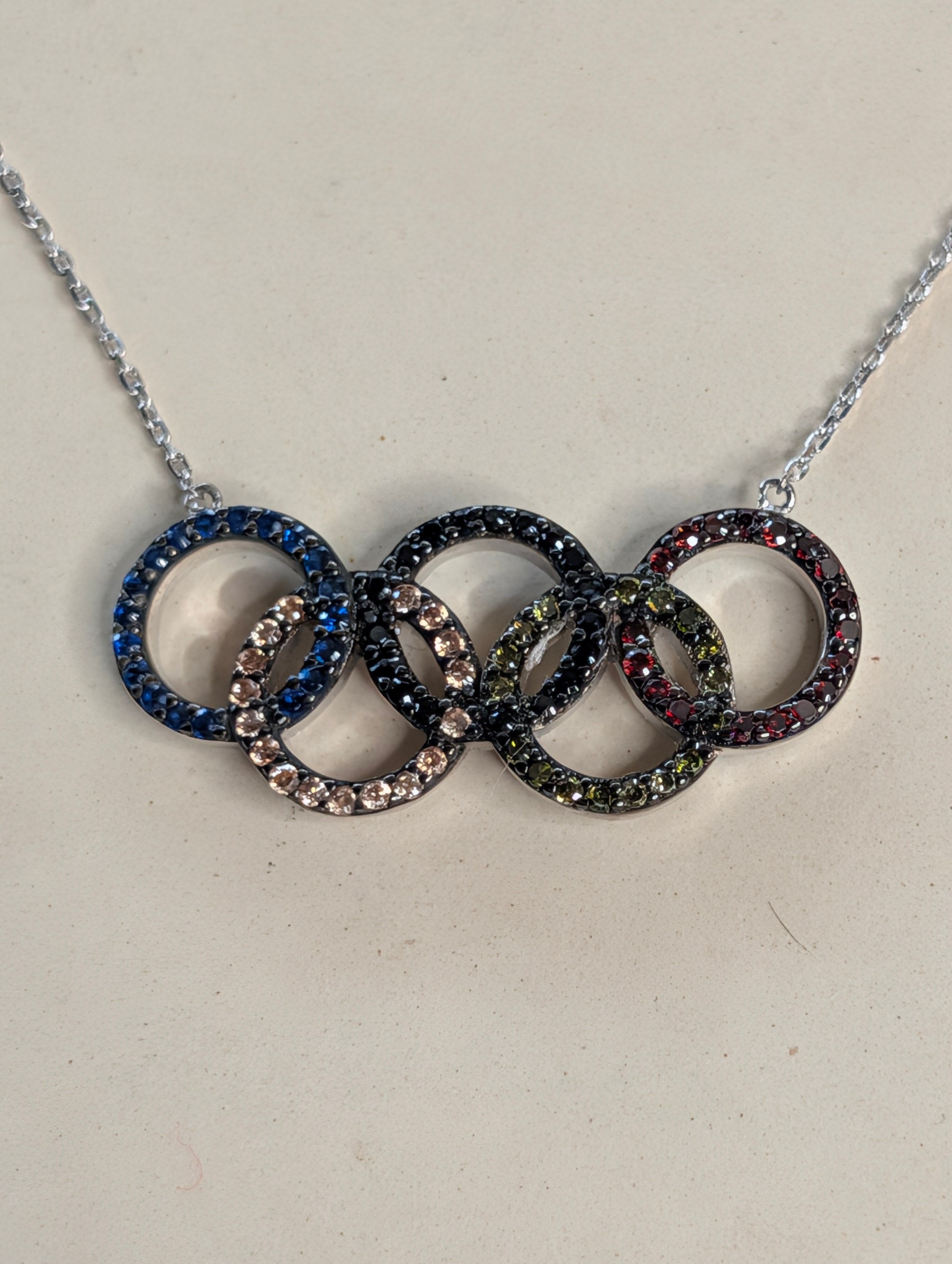 Sterling Silver MultiColor CZ Olympics Ring Bar Necklace
