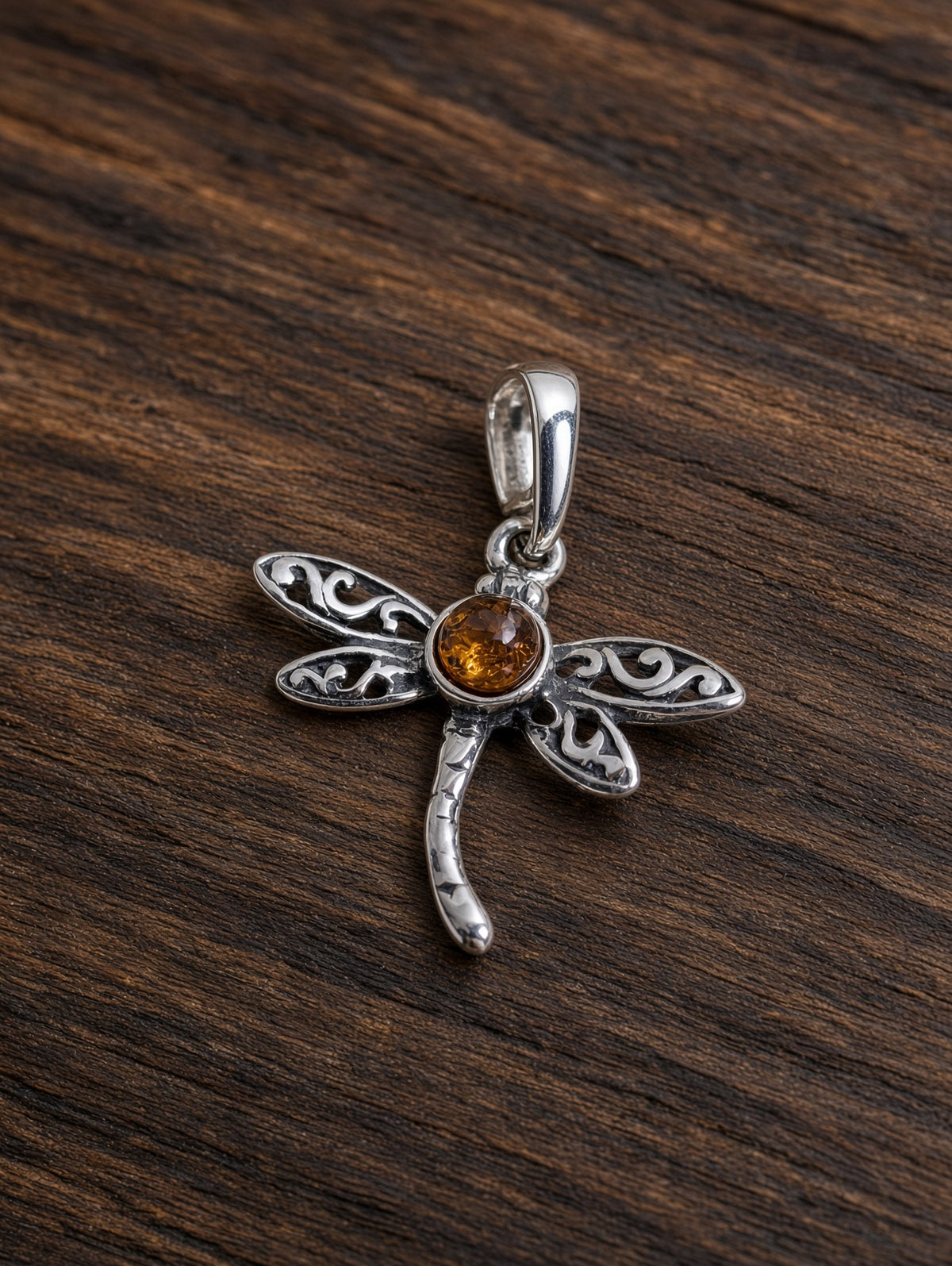 Handmade Dragonfly Orange Honey Cognac Cabochon & Sterling Silver Pendant