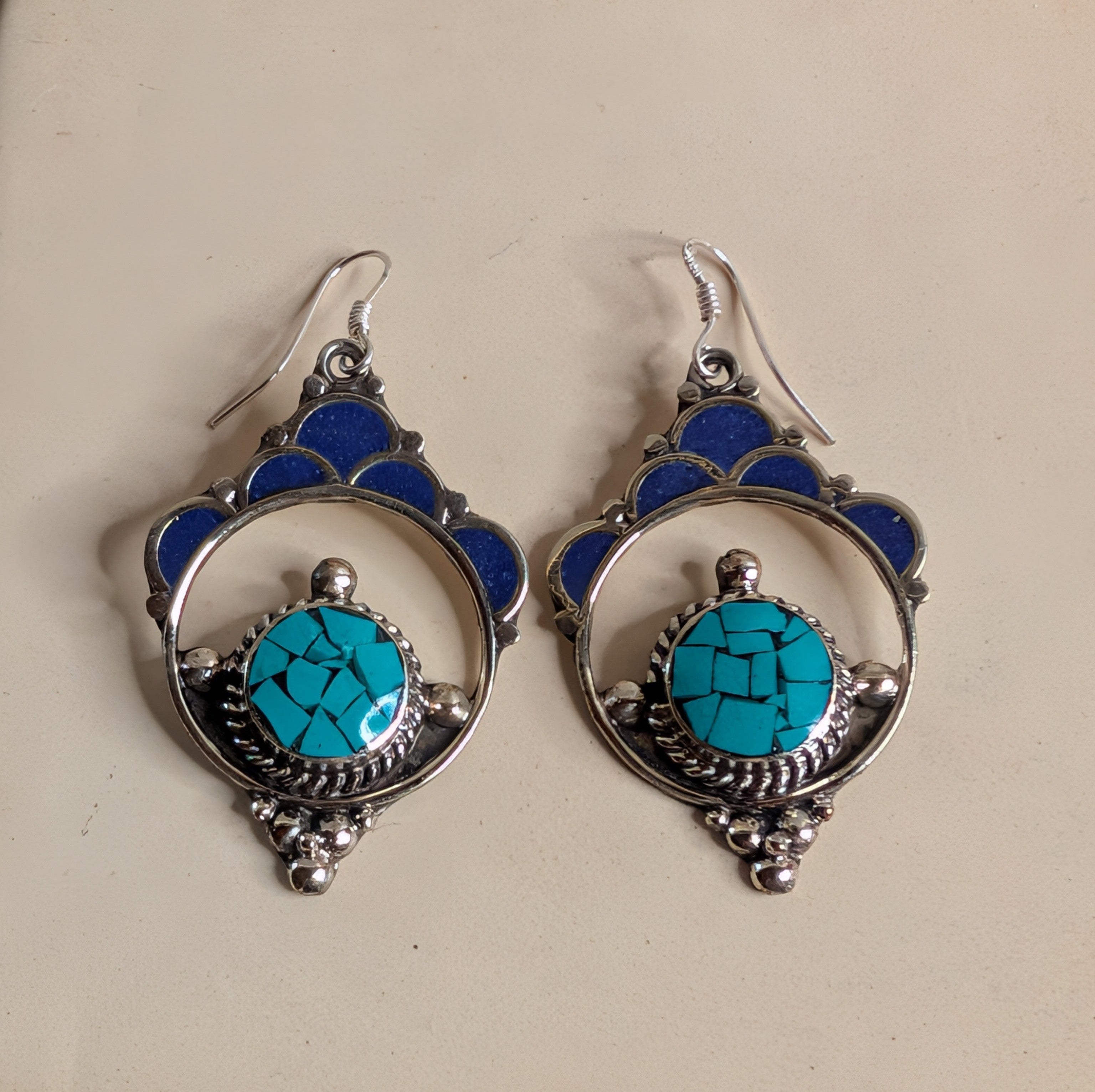 Turquoise & Cobalt Enamel Boho Drop Earrings