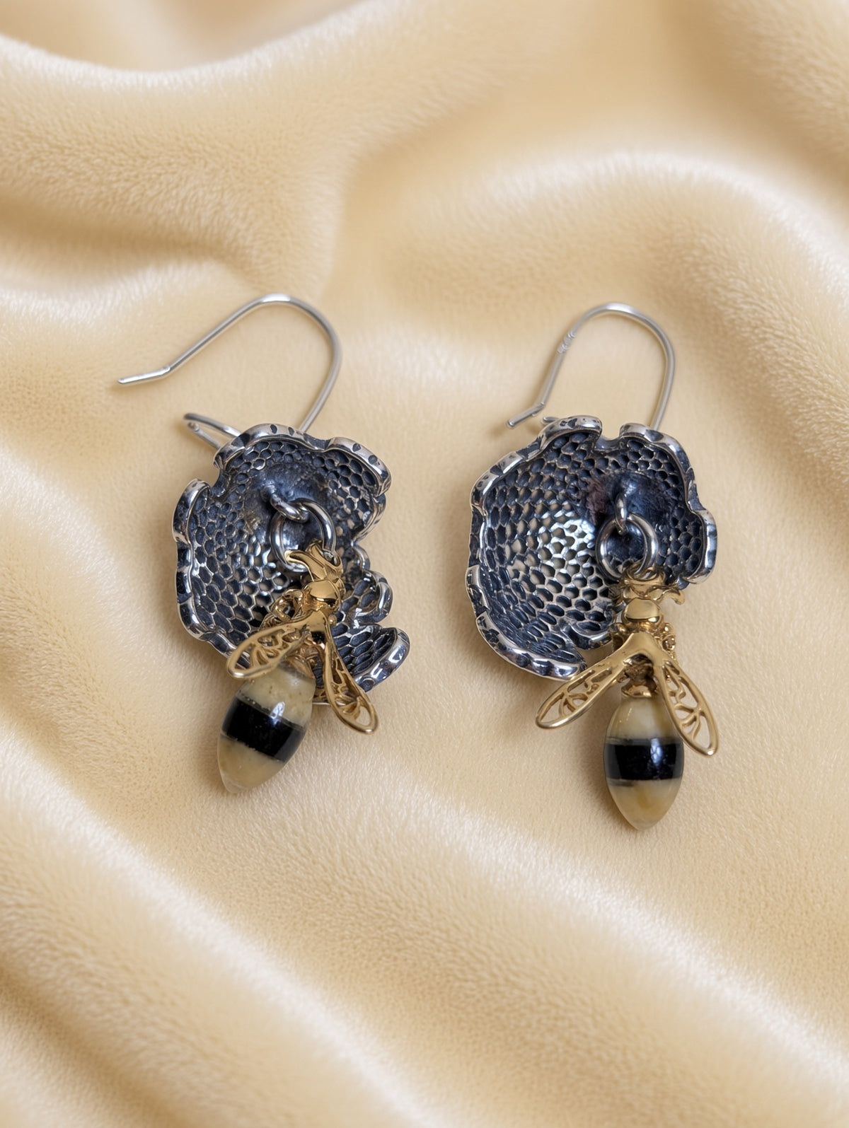 Handmade Bee Honeycomb Honey Cognac Cabochons & Sterling Silver Dangle Wire Earrings