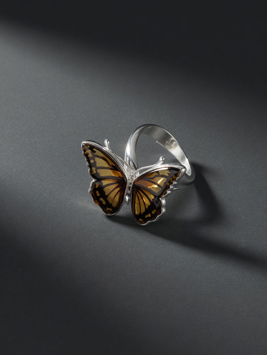 Sterling Silver Handmade Amber Large Butterfly Adjustable Ring