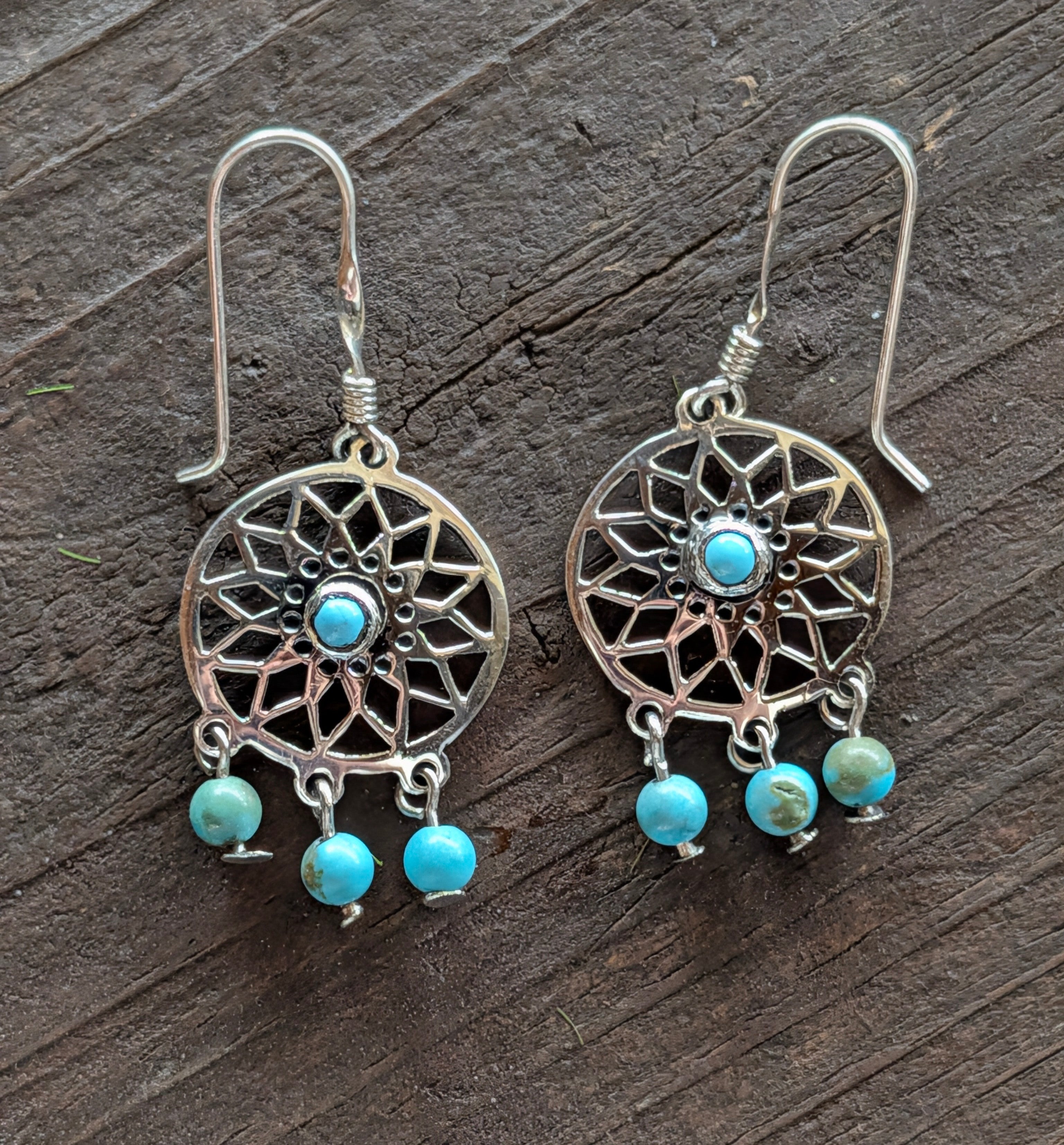 Turquoise & Sterling Silver Dream Catcher Dangle Hook Earrings