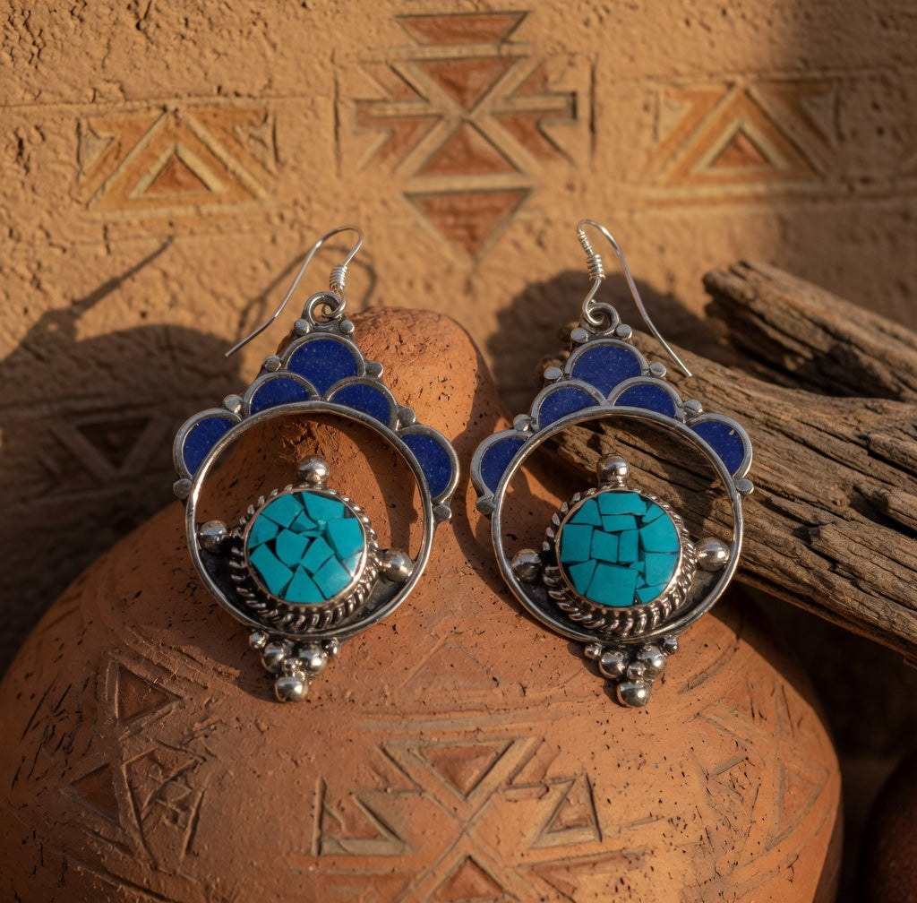 Turquoise & Cobalt Enamel Boho Drop Earrings