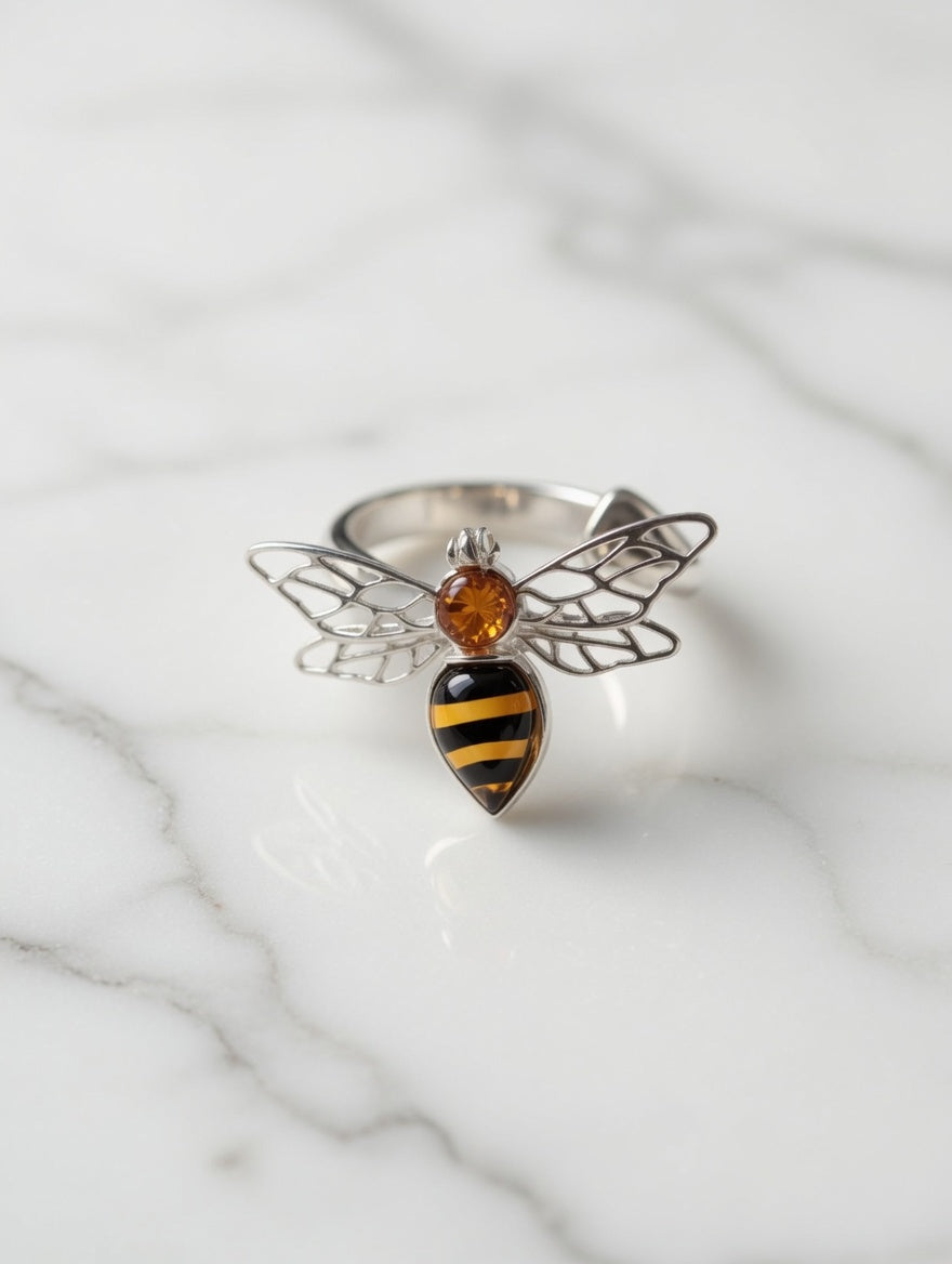 Sterling Silver Handmade Amber Bee Adjustable Ring