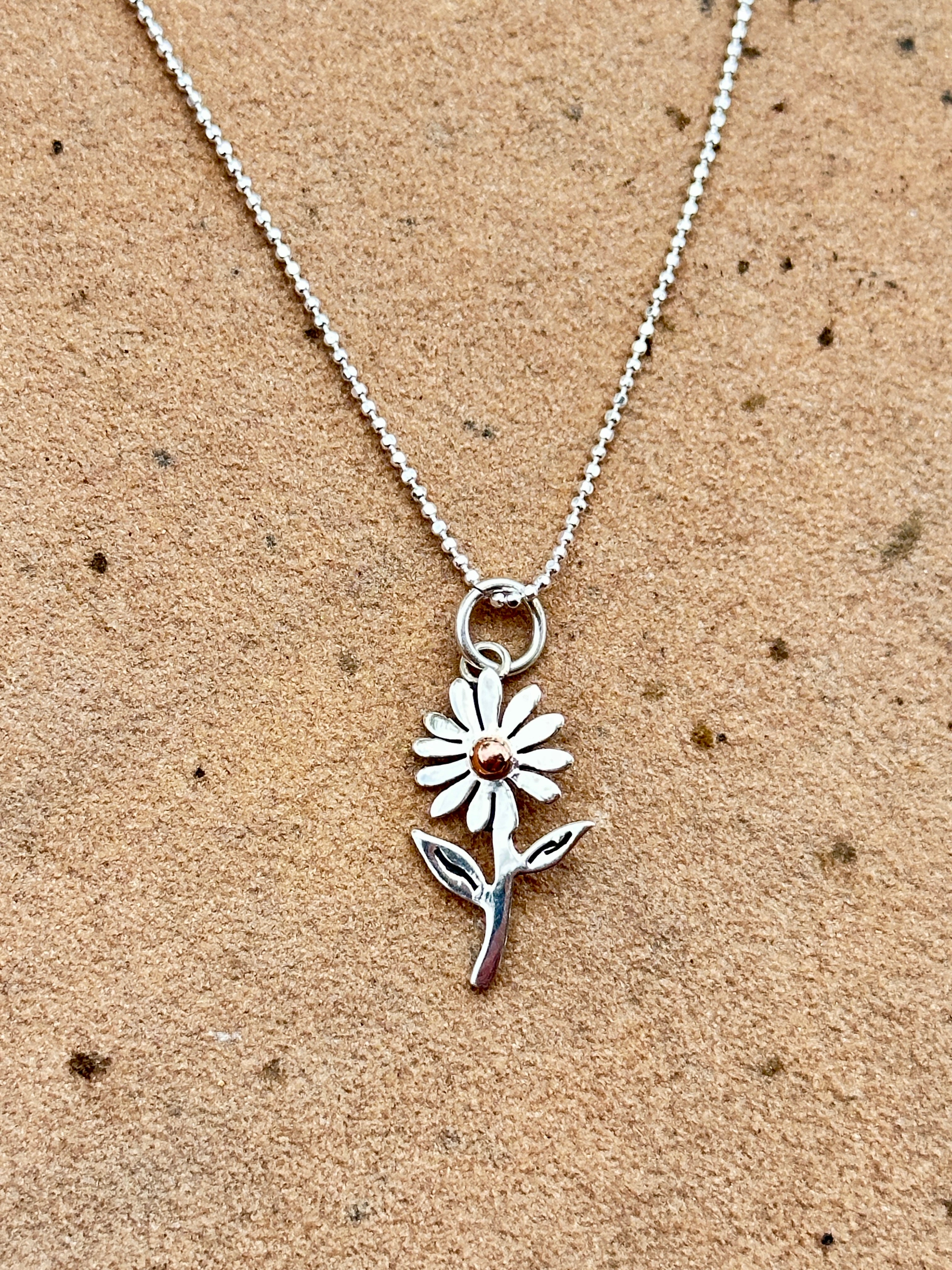 Sterling Silver & Copper Daisy Flower Pendant With Necklace
