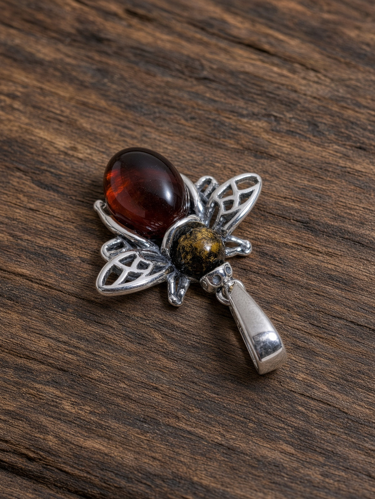 Handmade Bee Red & Yellow Honey Cognac Cabochon & Sterling Silver Pendant