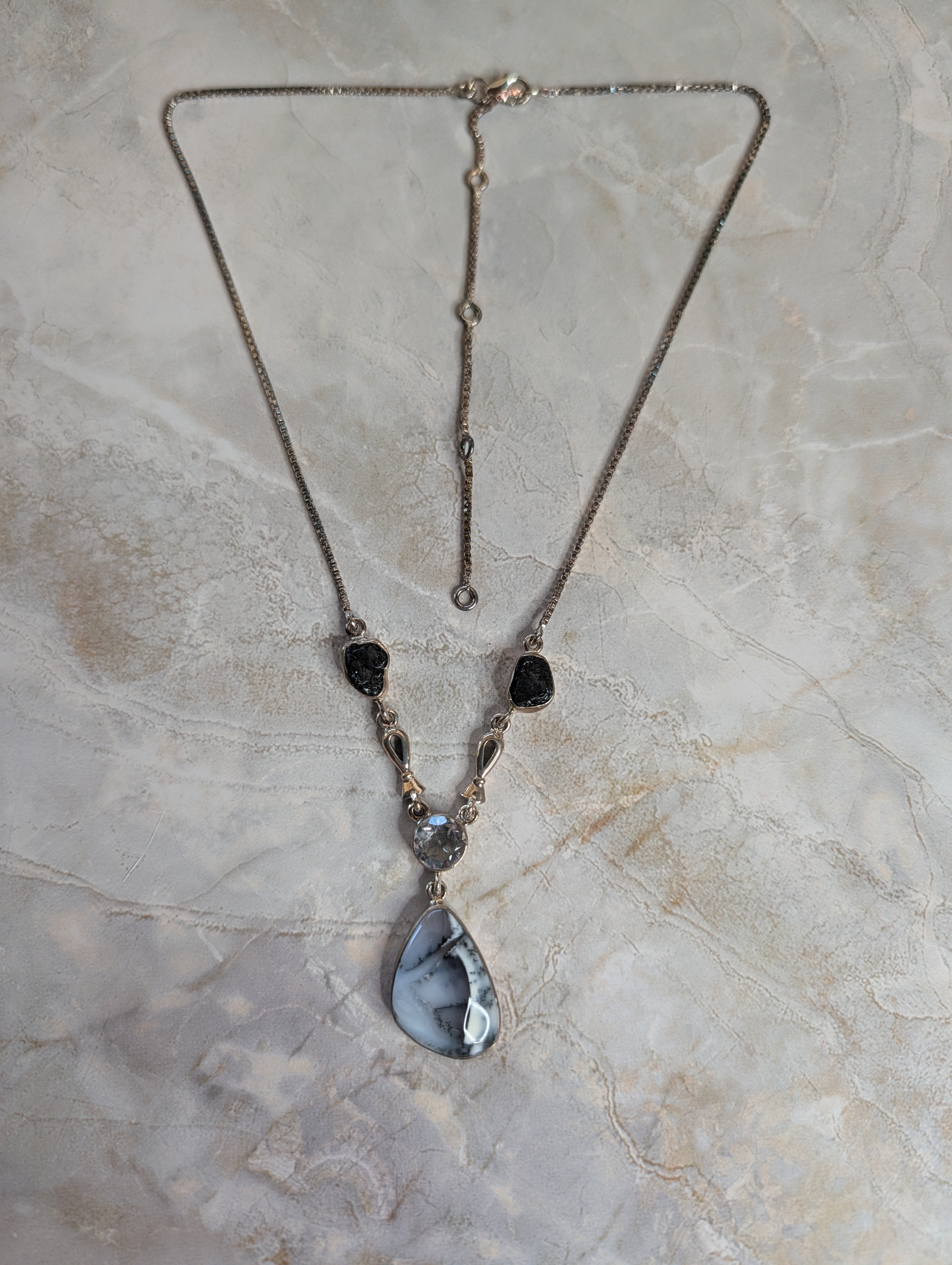 Dendritic Agate Gemstone With Clear Quartz & Black Tourmaline Sterling Silver Necklace