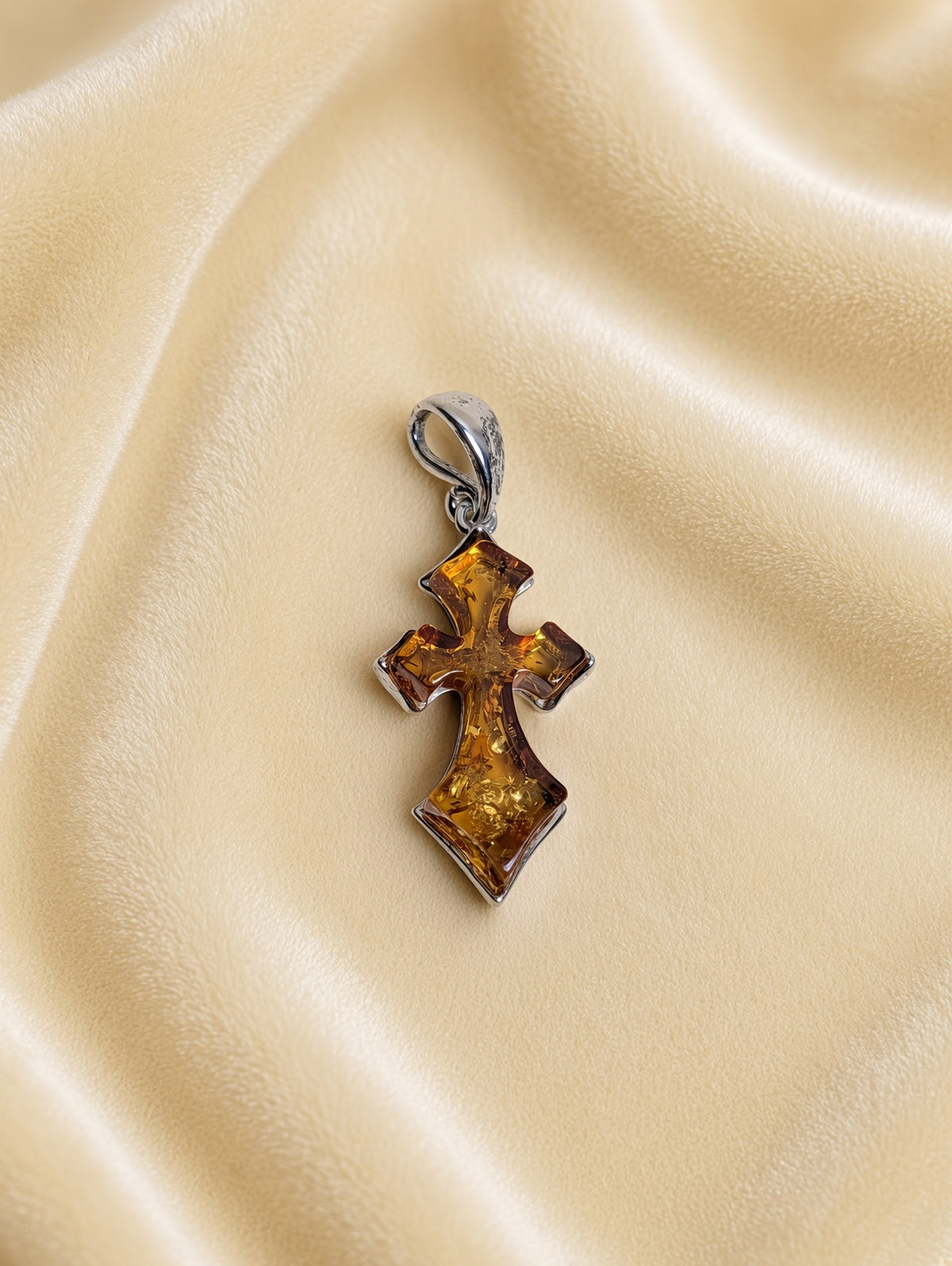 Handmade Cross Shaped Honey Cognac Cabochon & Sterling Silver Pendant