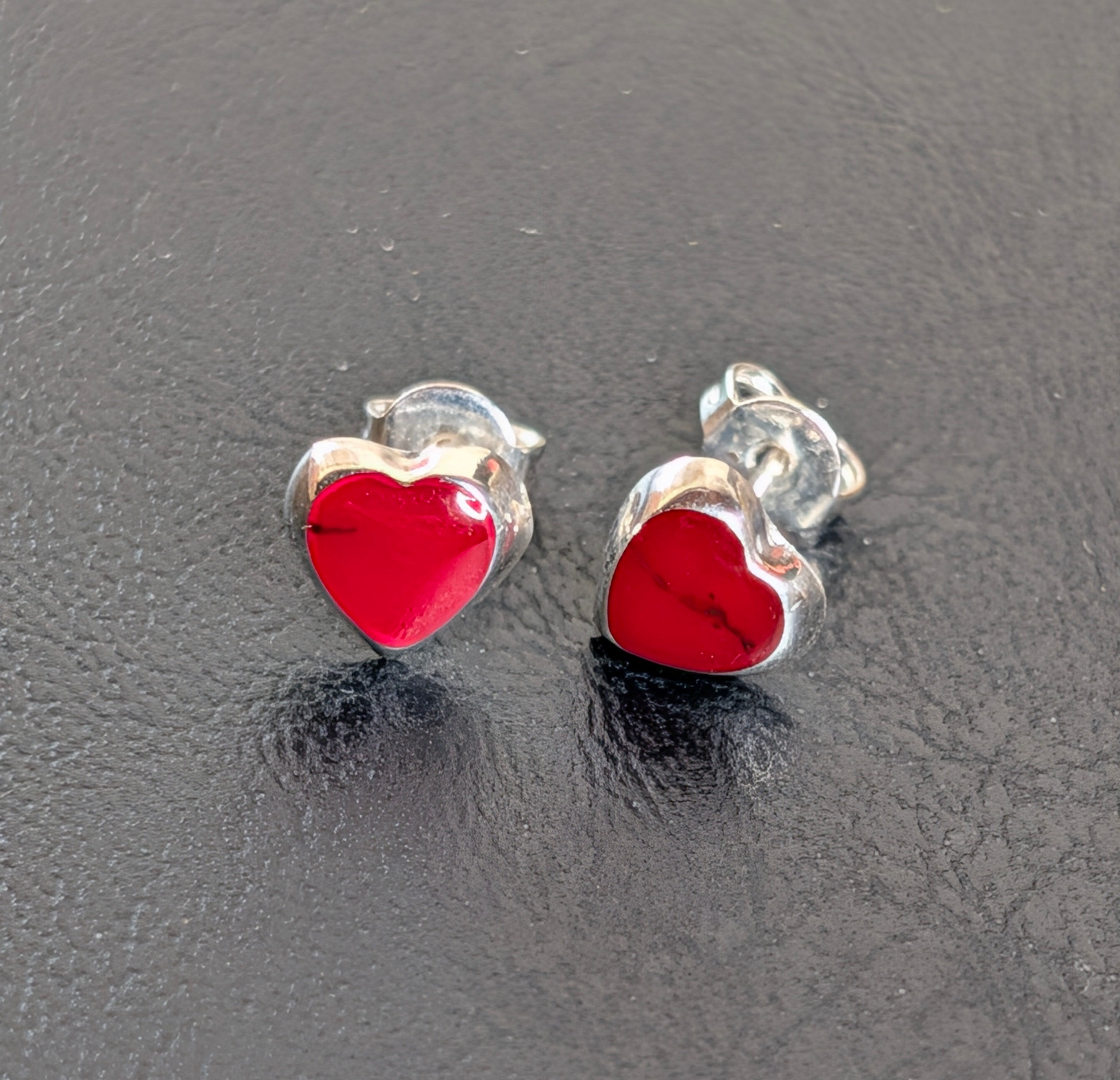 Sterling Silver Red Heart Stud Earrings