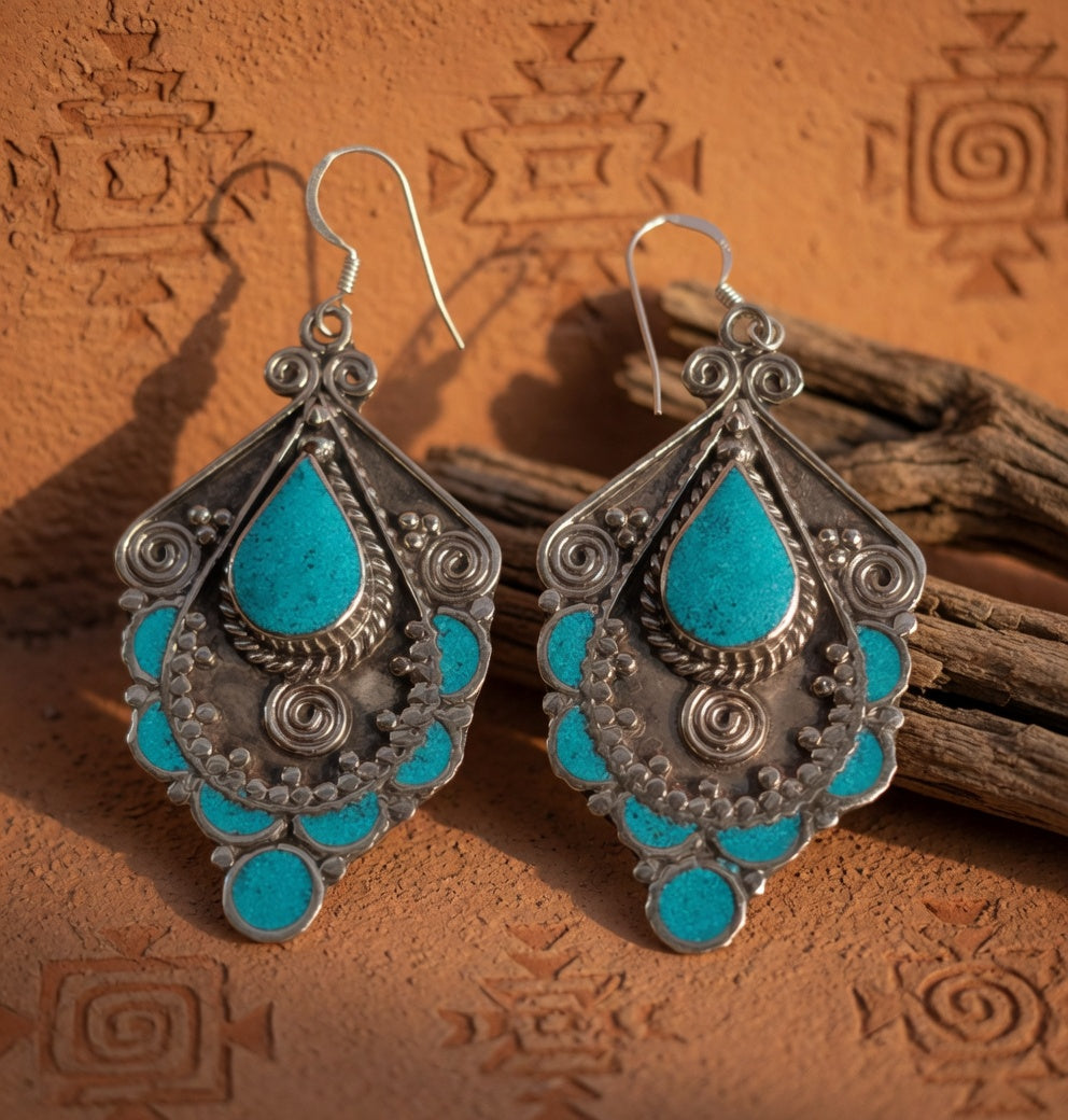 Vintage Turquoise Teardrop Filigree Statement Earrings