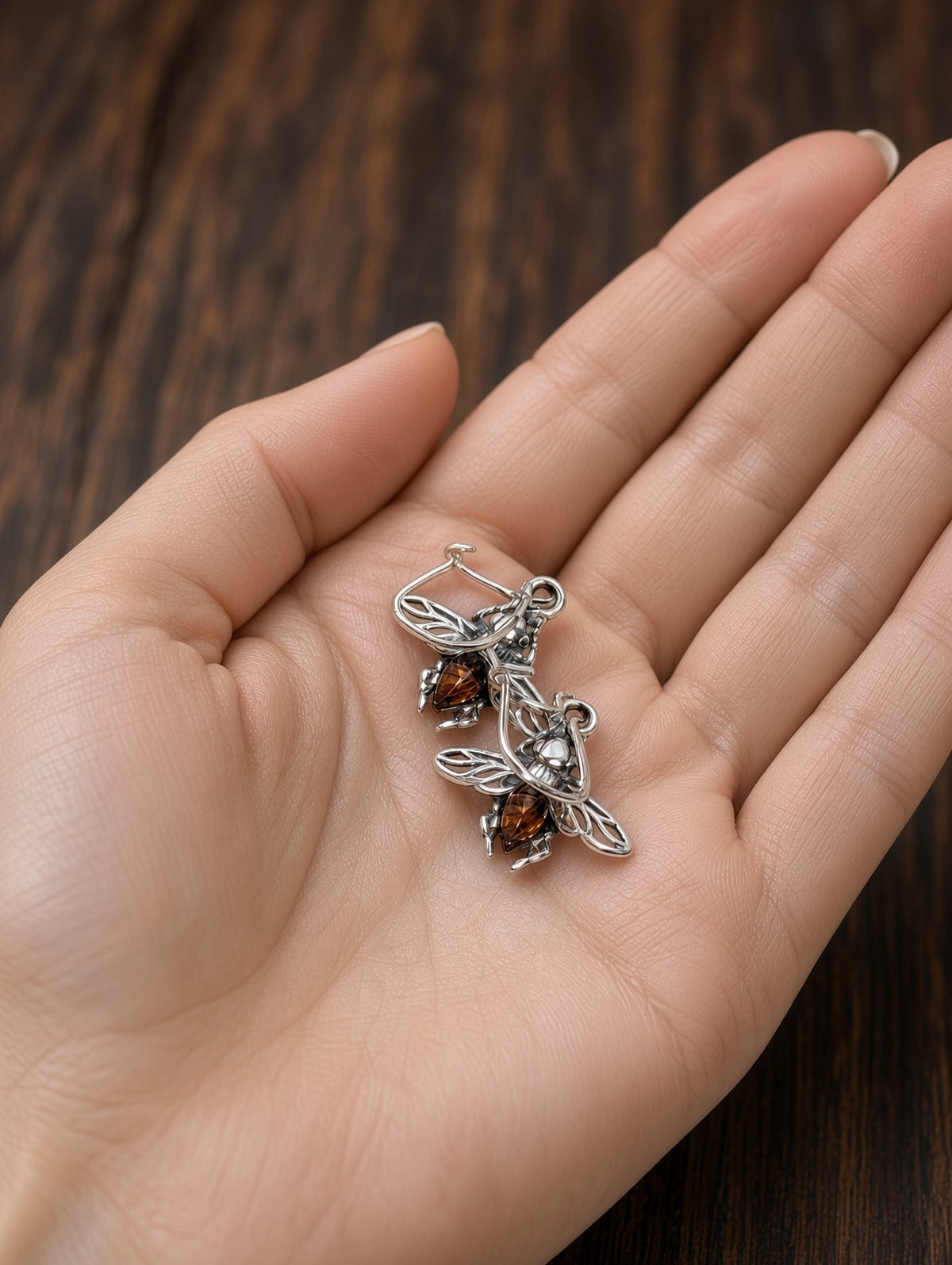 Handmade Bee Earrings with Orange Inlay & Honey Cognac Cabochons In Sterling Silver