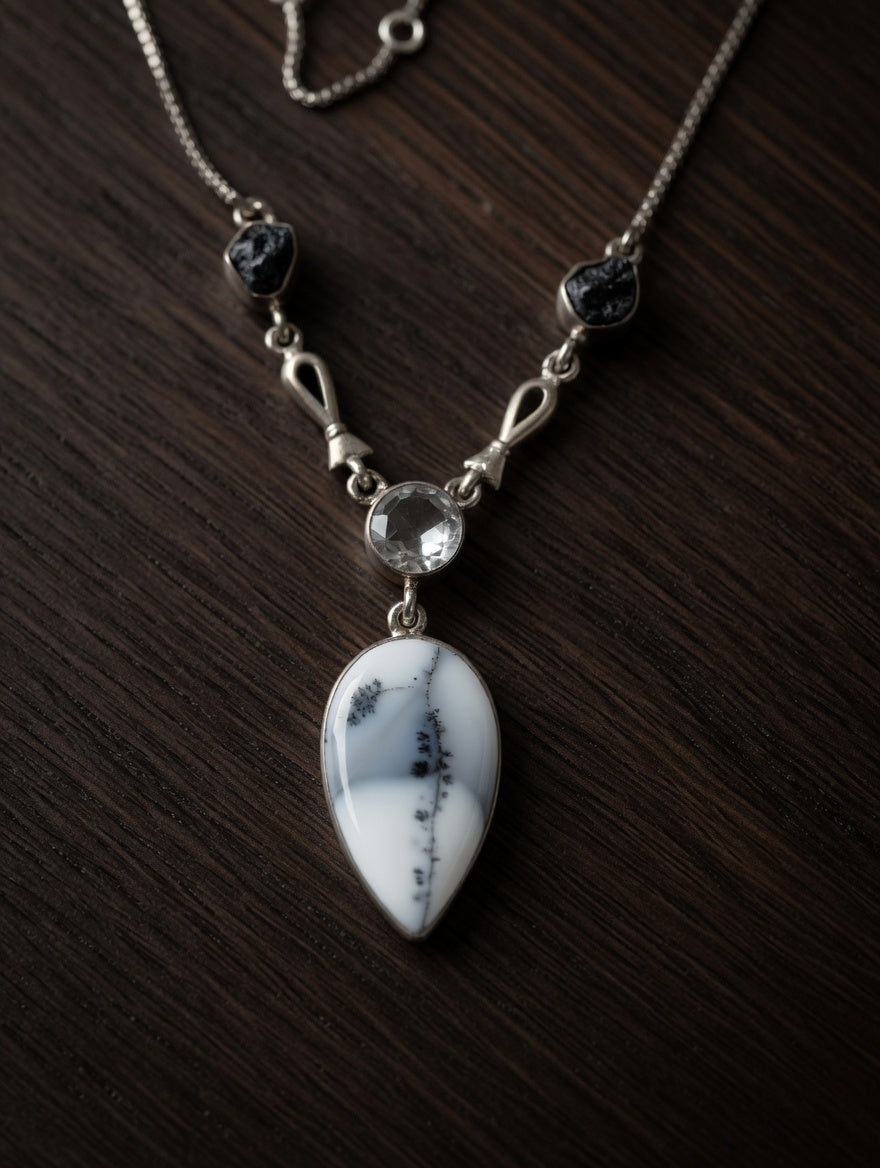 Dendritic Agate Leaf Shaped Gemstone With Clear Quartz & Black Tourmaline Sterling Silver Lariat Necklace