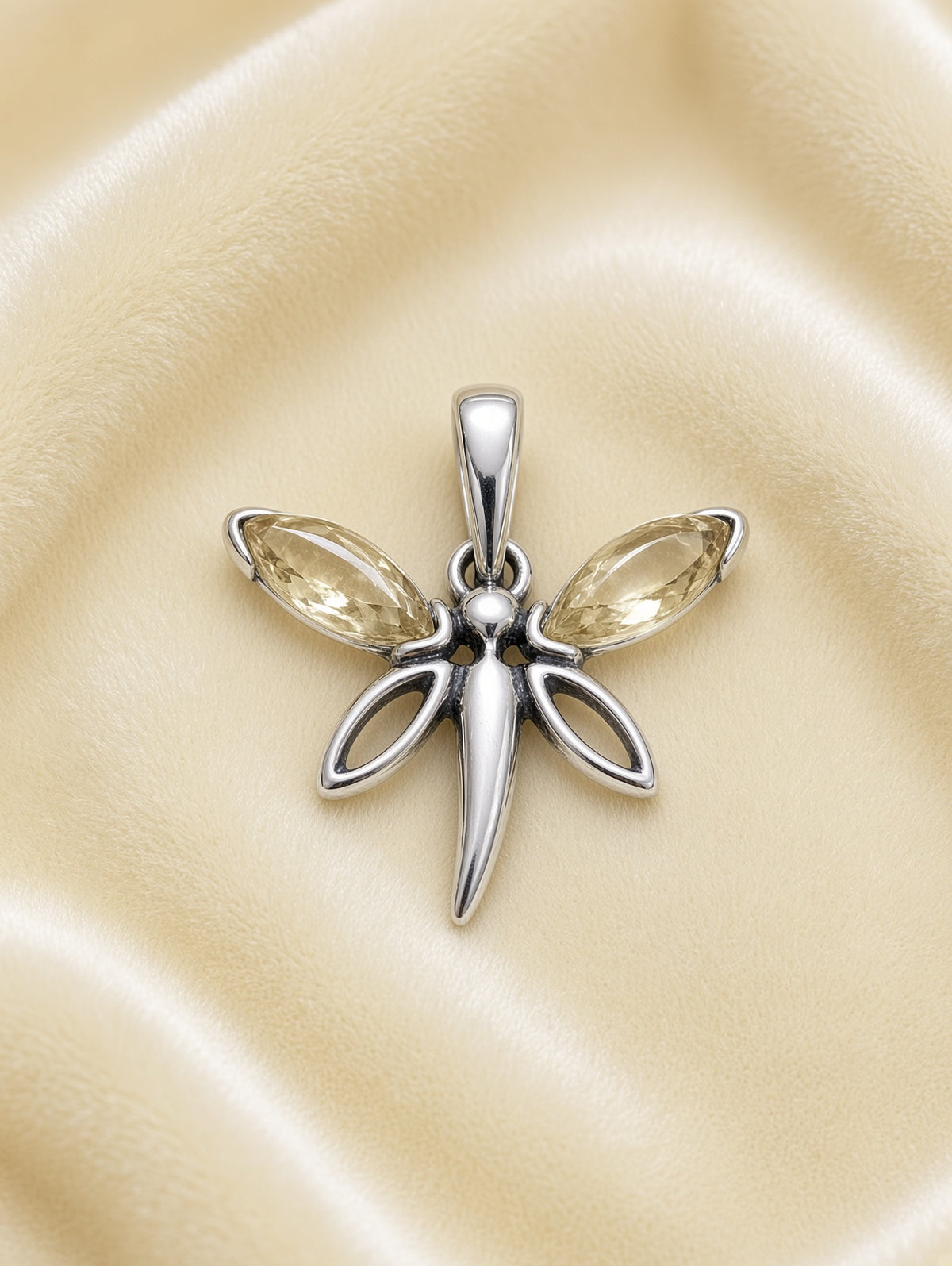 Handmade Dragonfly Pale Yellow Honey Cognac Cabochon & Sterling Silver Pendant