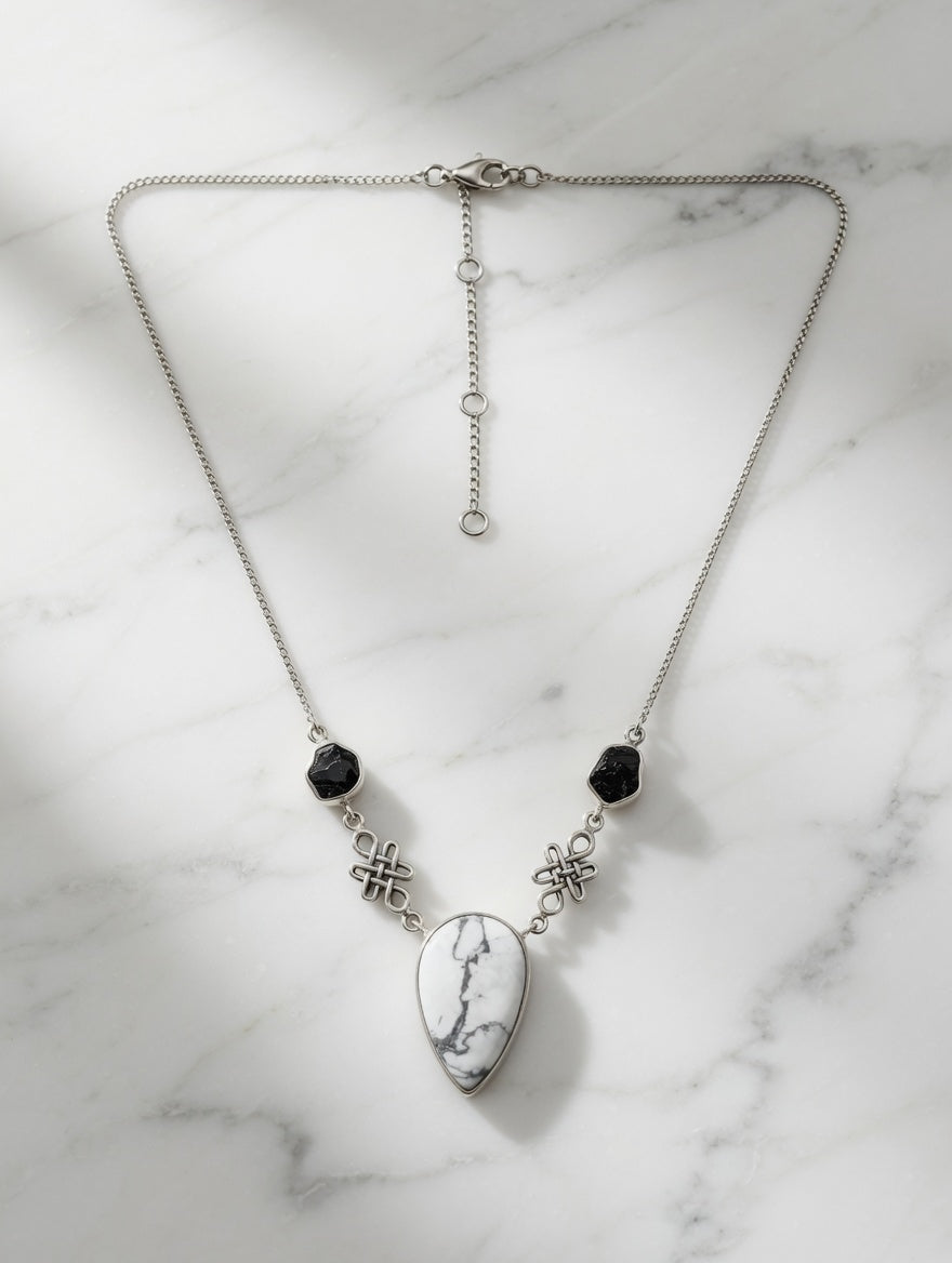 Dendritic Agate Leaf Shaped Gemstone With Black Tourmaline Sterling Silver Necklace