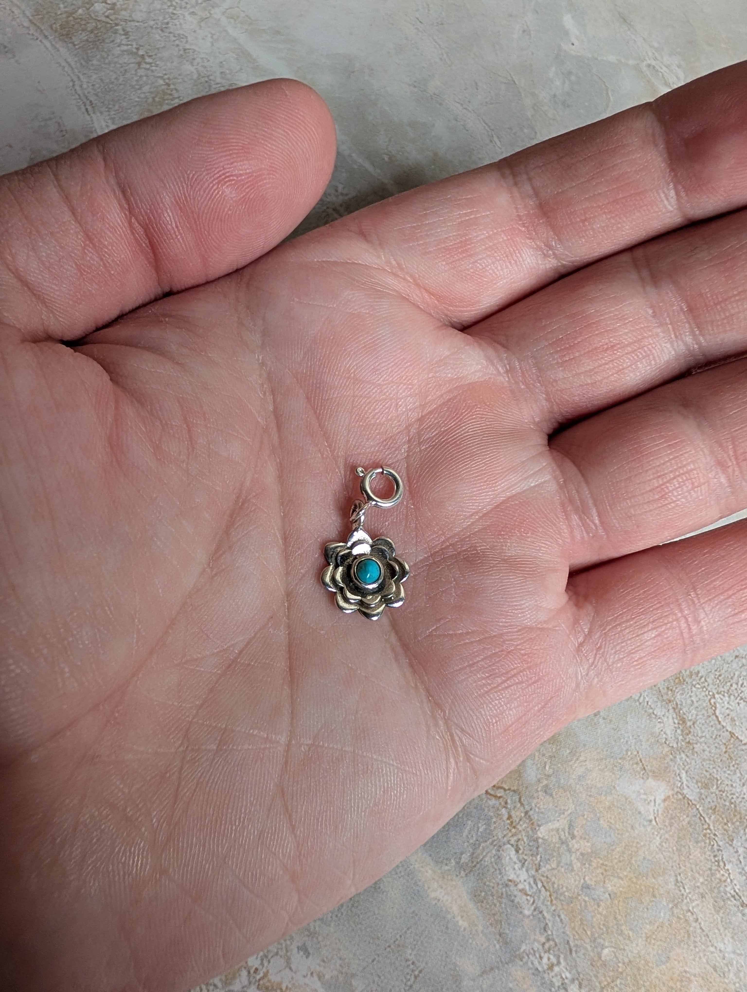 Sterling Silver Southwestern Style Flower Charm With Turquoise