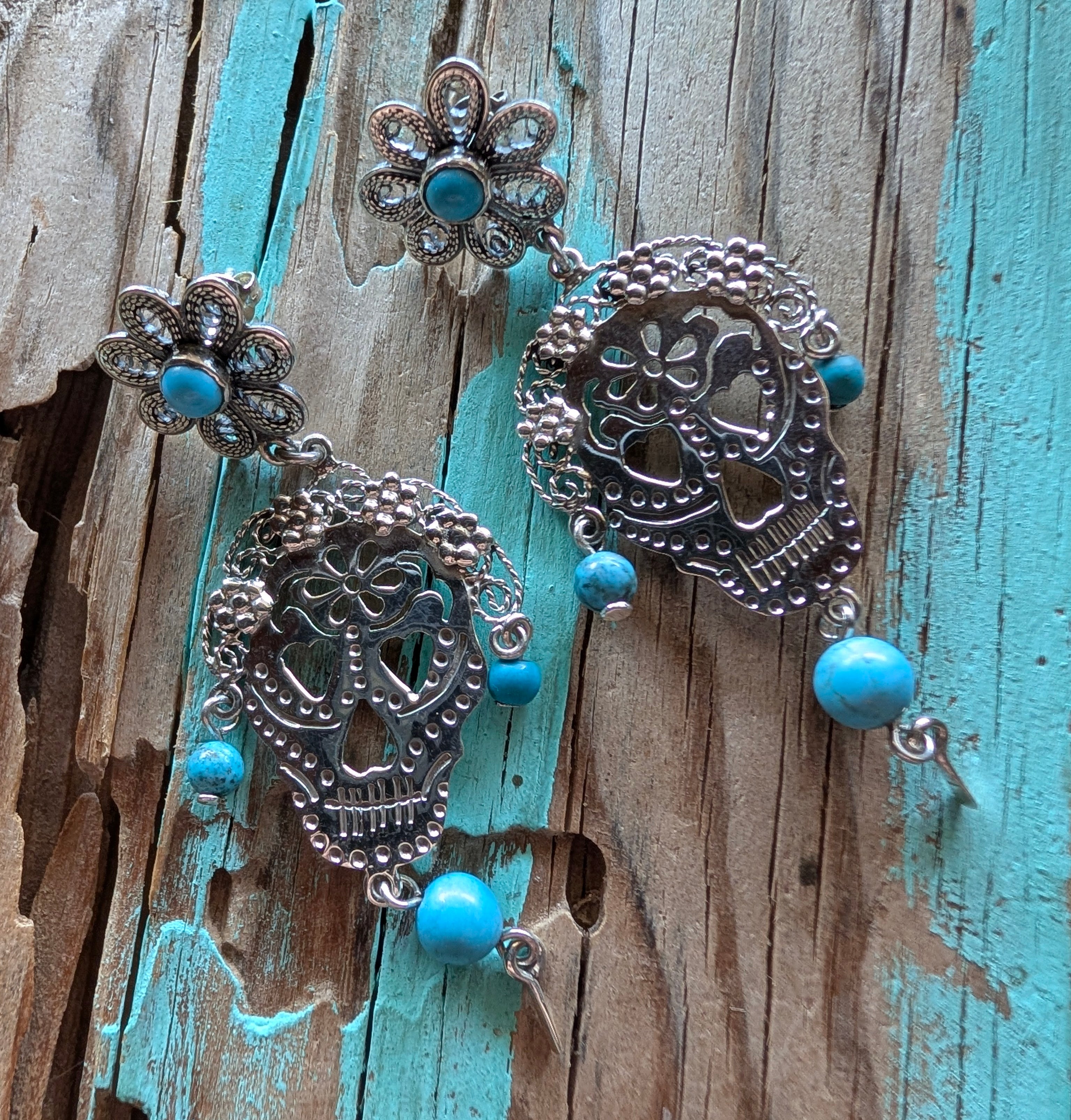 Sterling Silver Beaded Turquoise Floral Sugar Skull Earrings On Post