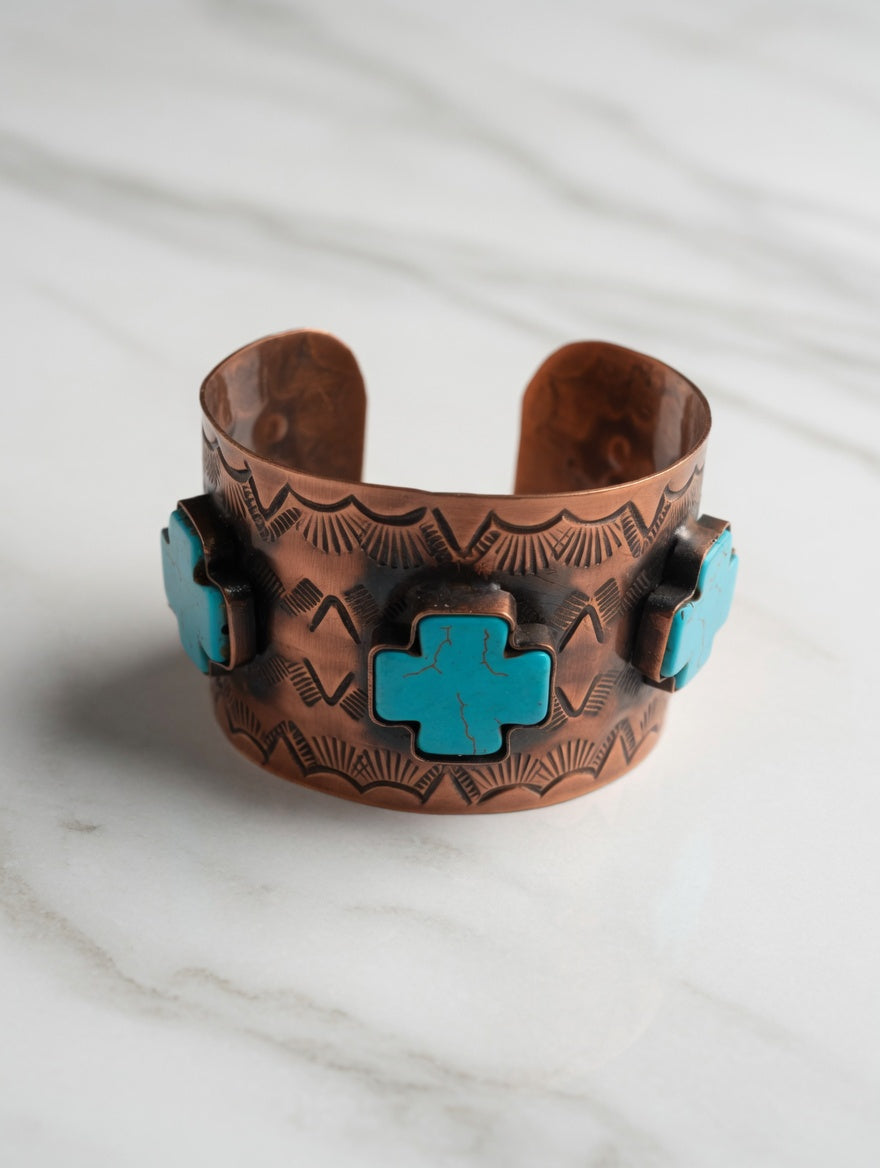 Engraved Copper Cuff Bracelet with Blue Cross Accents