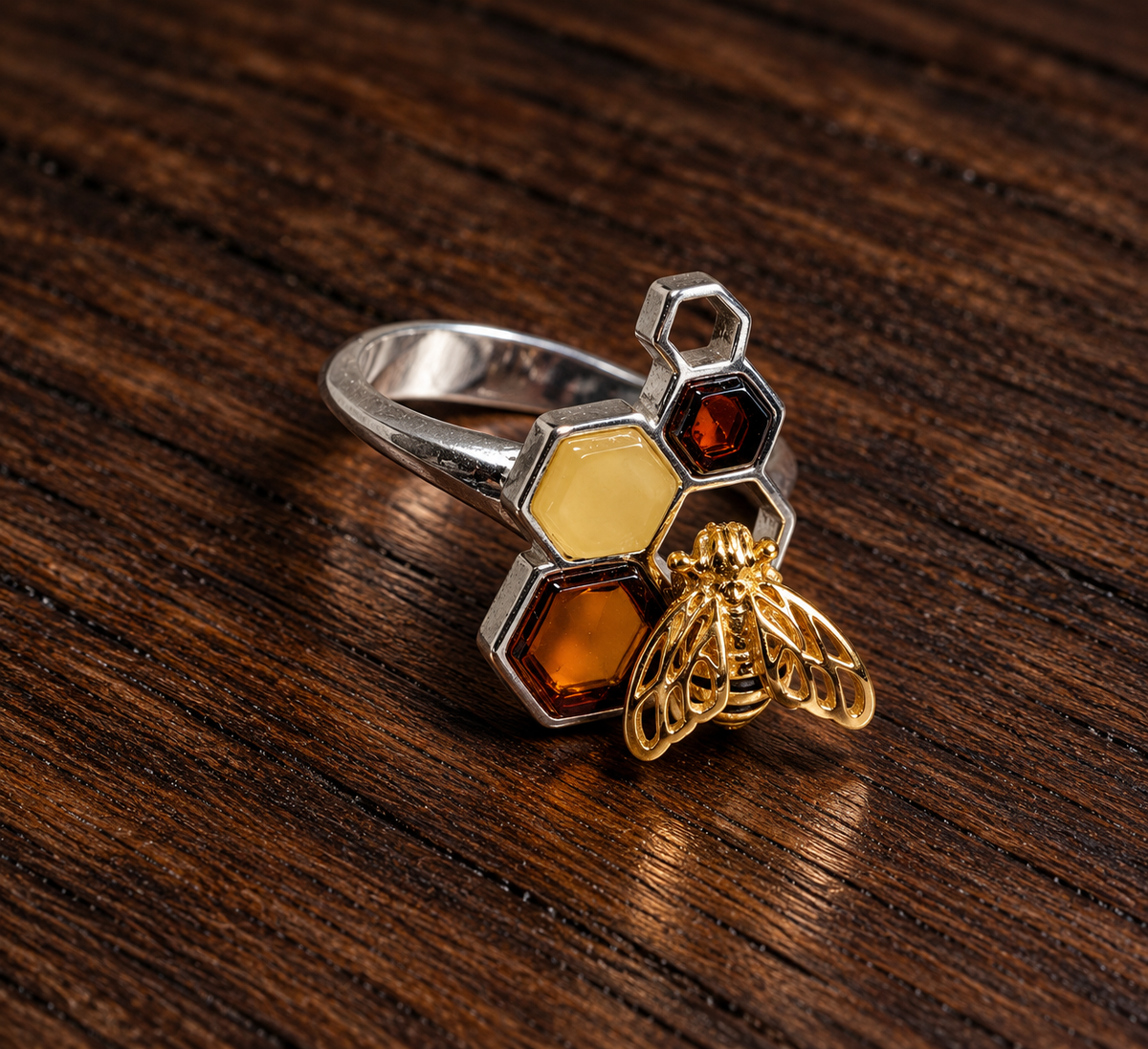Handmade Bee Honeycomb Honey Cognac Cabochons & Sterling Silver Adjustable Ring