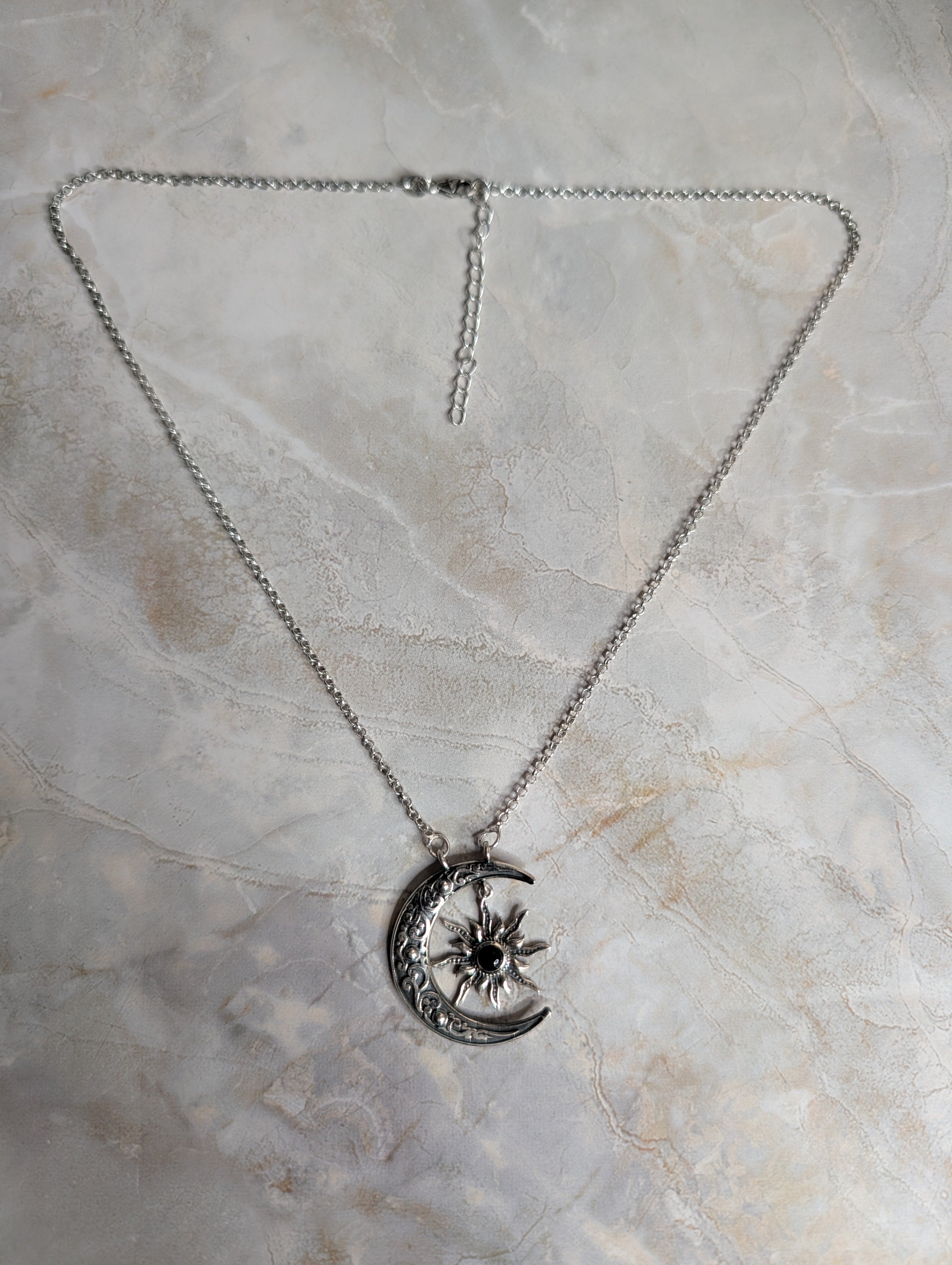 Black Onyx Crescent Sterling Silver Moon and Star Necklace