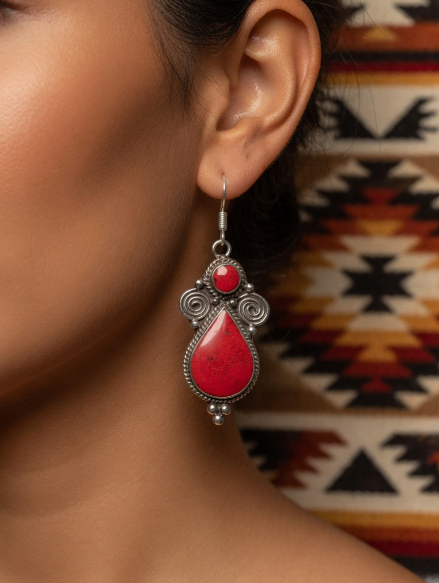 Vintage Southwestern Red Coral Filigree Teardrop Earrings in Sterling Silver
