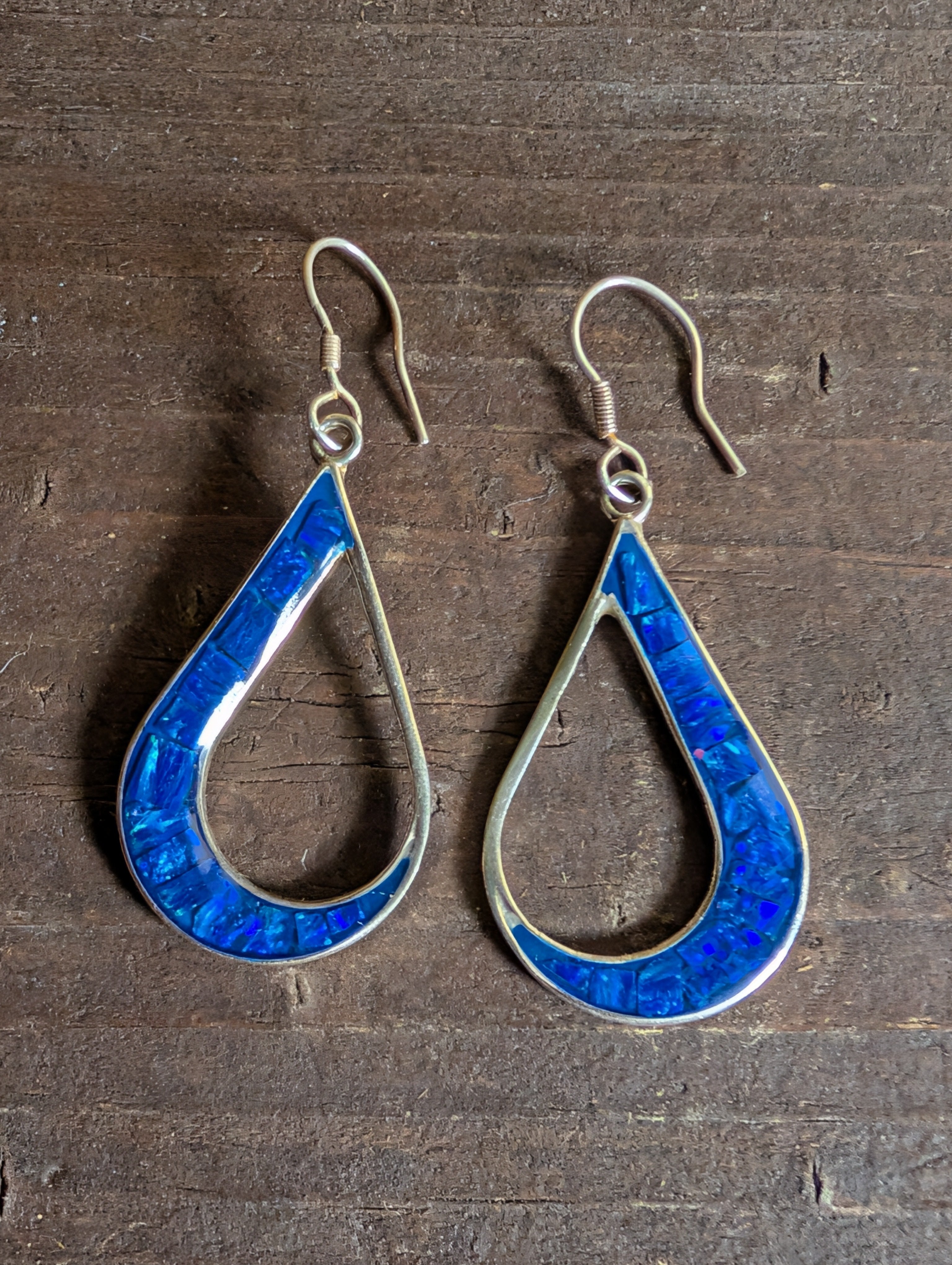Mosaic Blue Fire Opal Inlay Tear Drop Shaped Sterling Silver Dangle Earrings