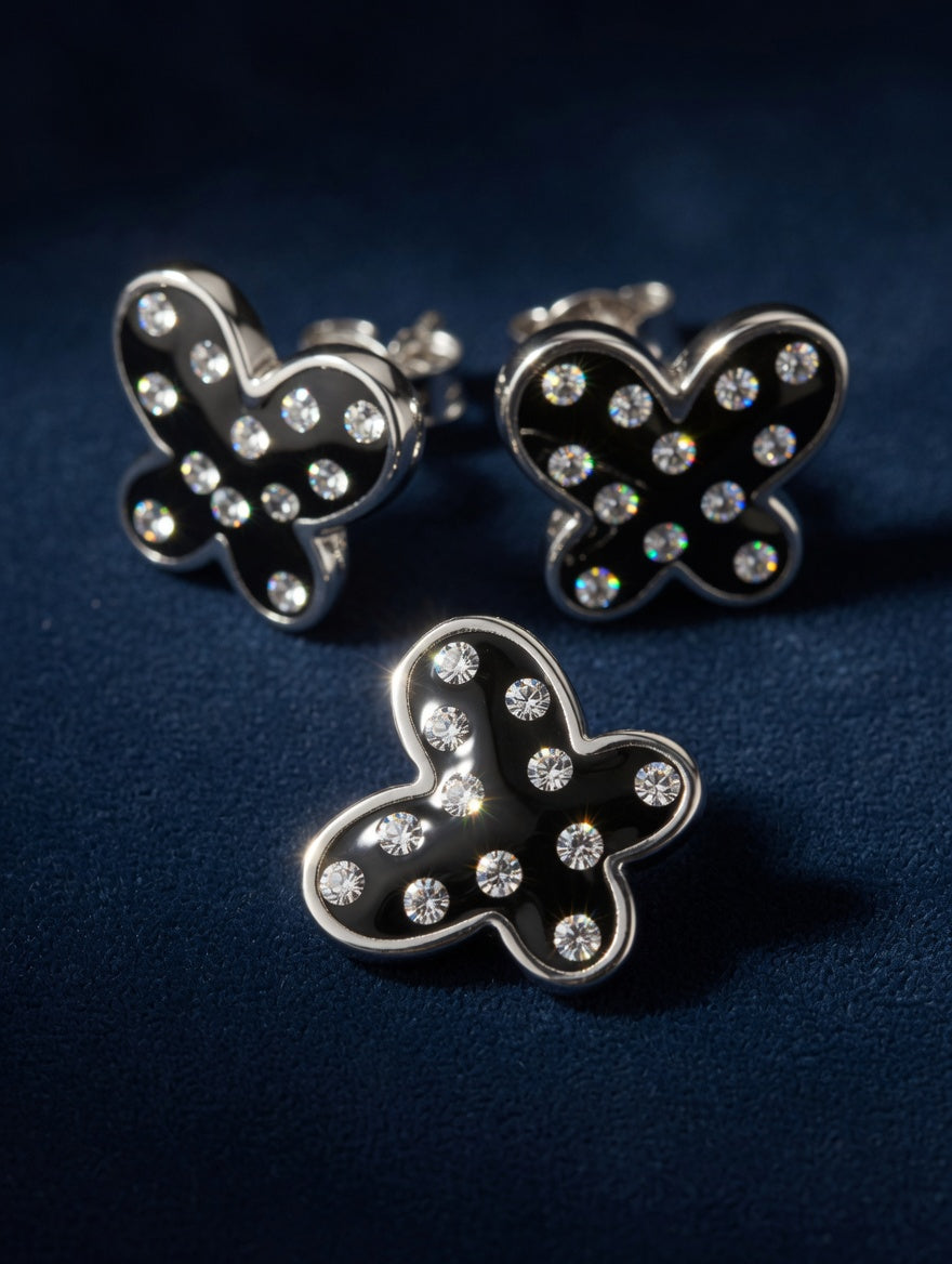 Sterling Silver CZ Black Butterfly Earrings & Pendant Jewelry Set