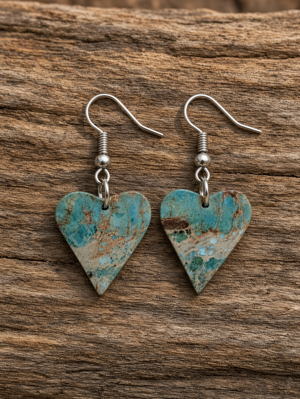 Handcrafted Turquoise Heart Slab Sterling Silver Earrings