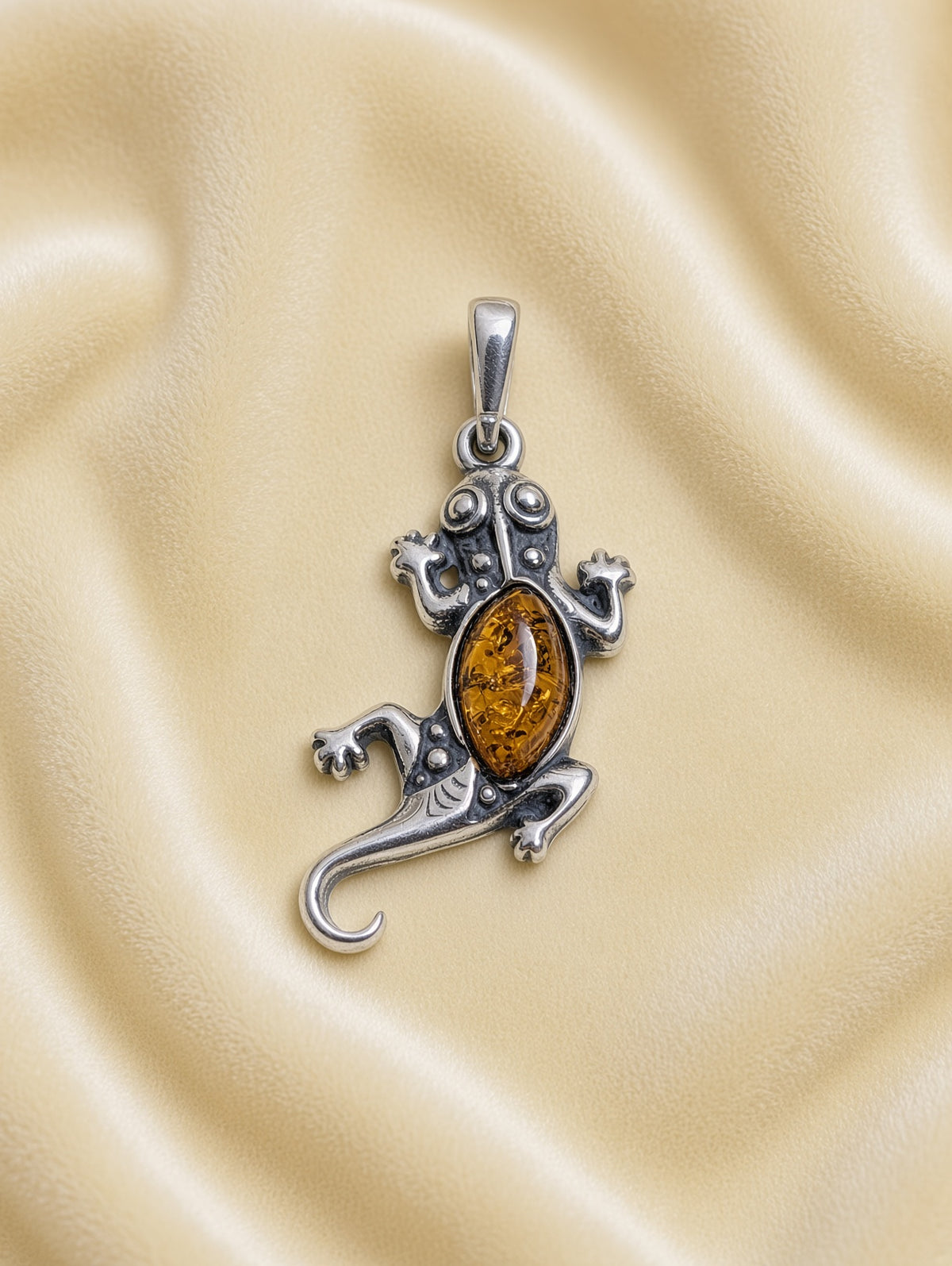 Handmade Lizard Orange Honey Cognac Cabochon & Sterling Silver Pendant