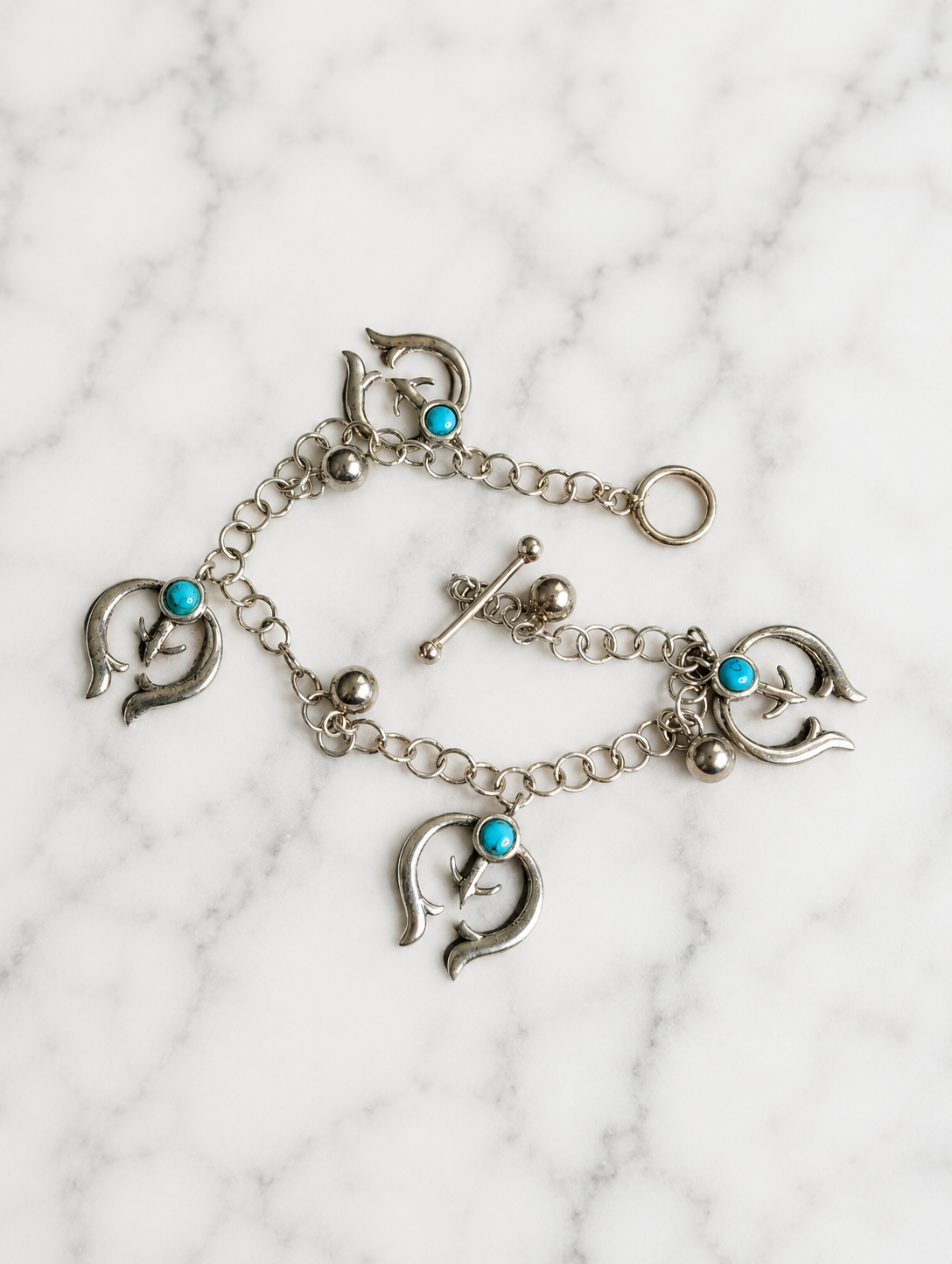 Handcrafted Southwestern Style Turquoise Spirit Arrow Sterling Silver Charm Bracelet