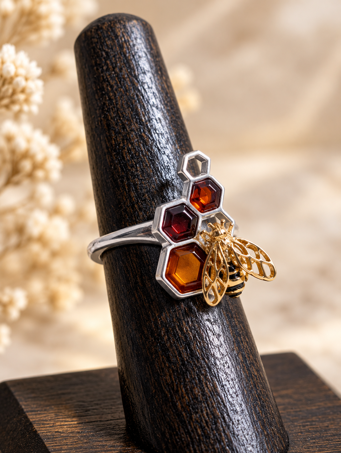 Handmade Bee Honeycomb Honey Cognac Cabochons & Sterling Silver Adjustable Ring