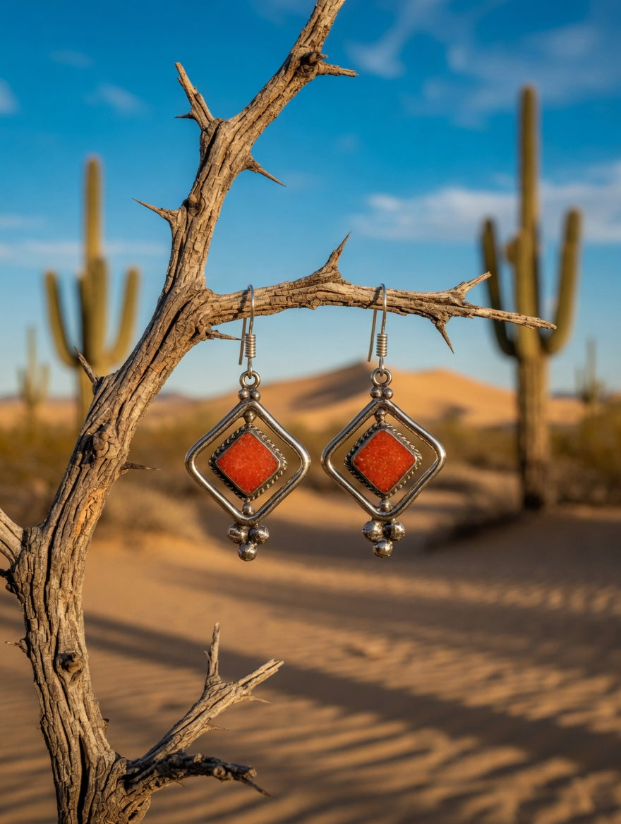 Vintage Southwestern Coral & Silver Dangle Earrings