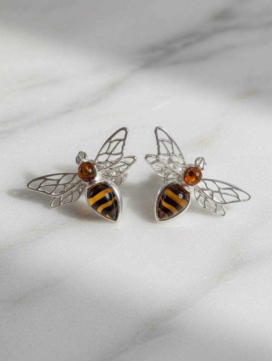 Amber Handmade Sterling Silver Bee Earrings