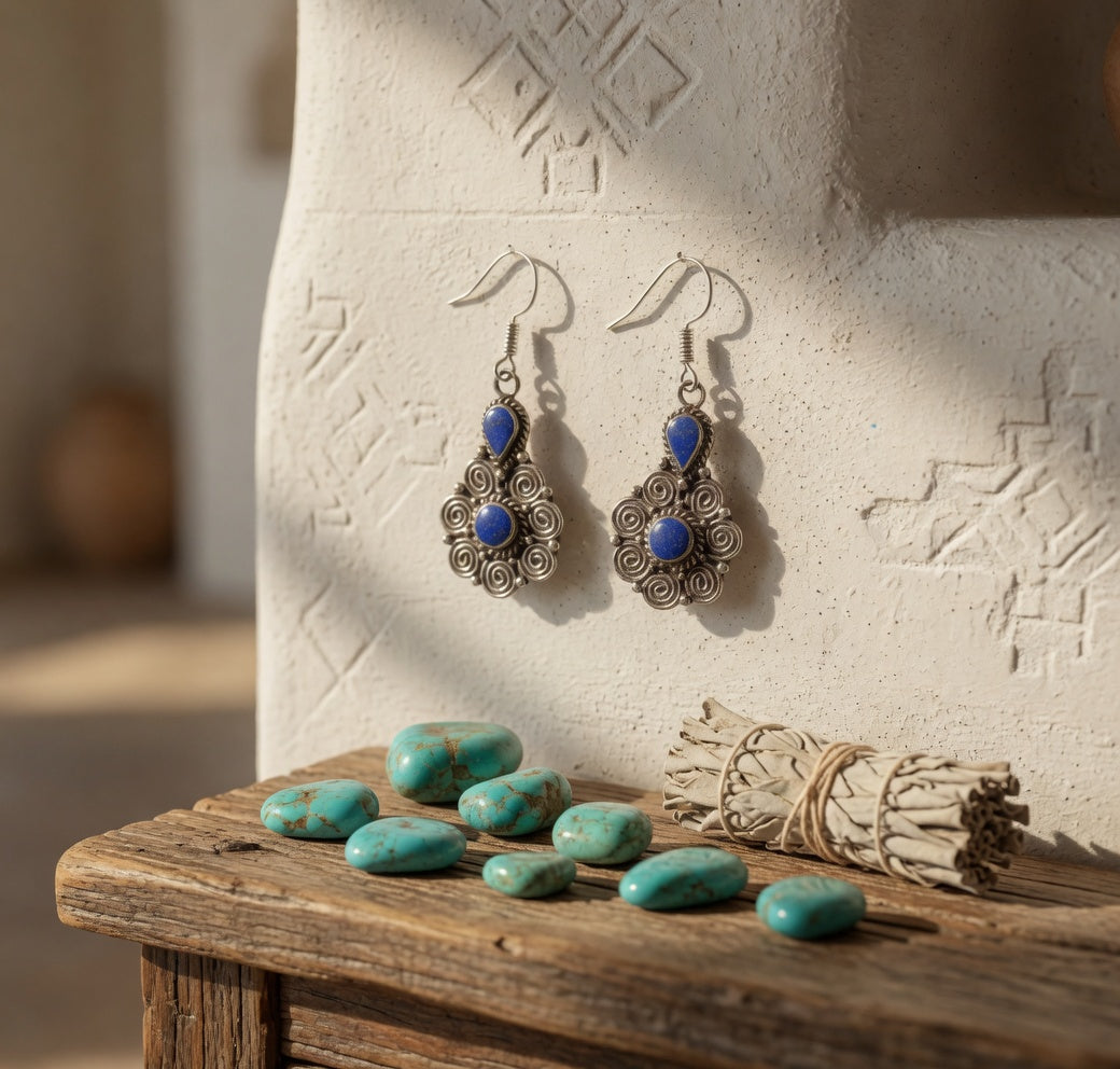 Blue Lapis Two-Stone Filigree Dangle Earrings