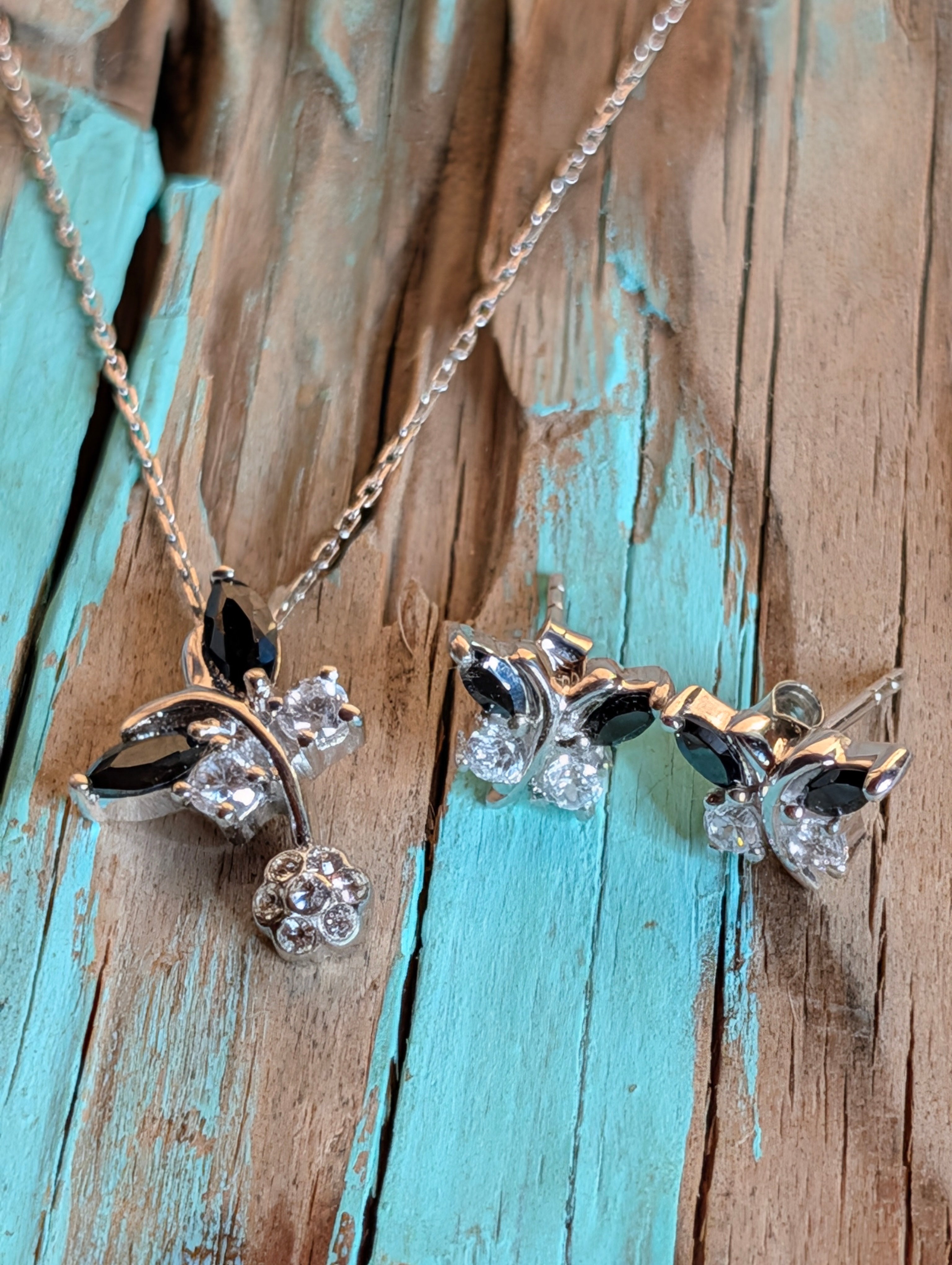 Sterling Silver Marquis CZ Butterfly Earrings & Necklace Jewelry Set