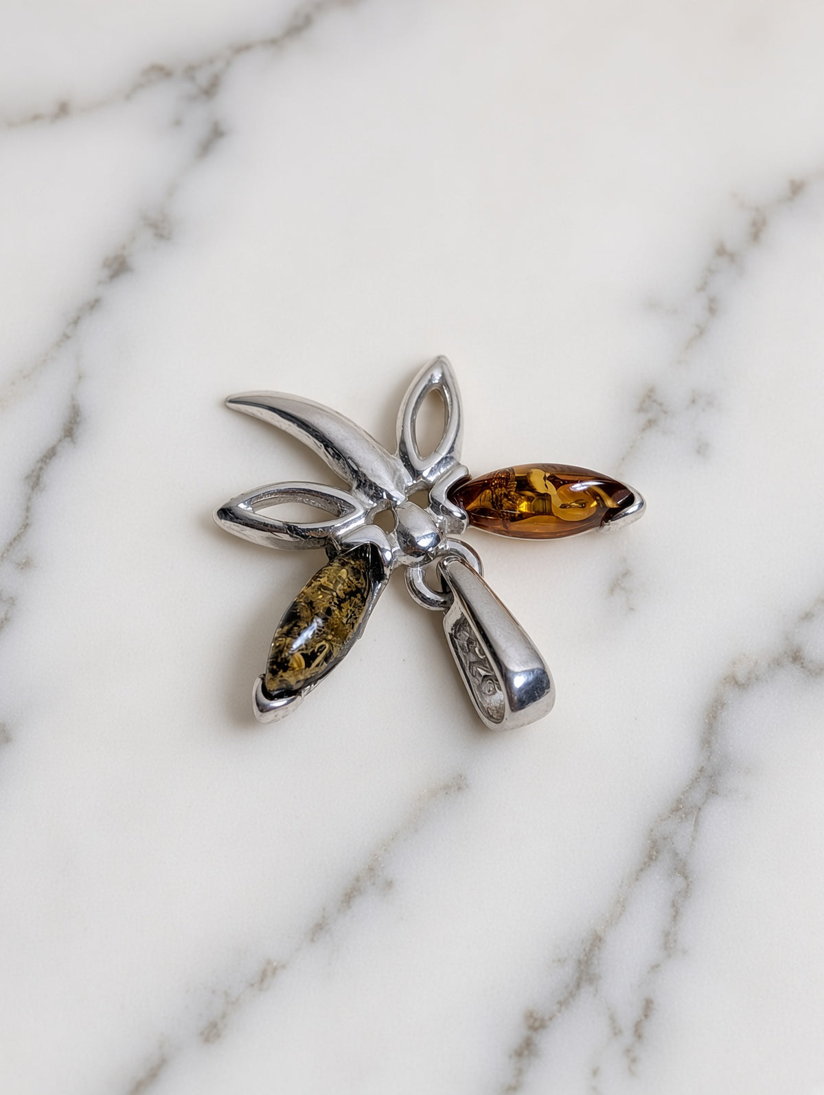 Handmade Dragonfly Orange & Yellow Honey Cognac Cabochon & Sterling Silver Pendant