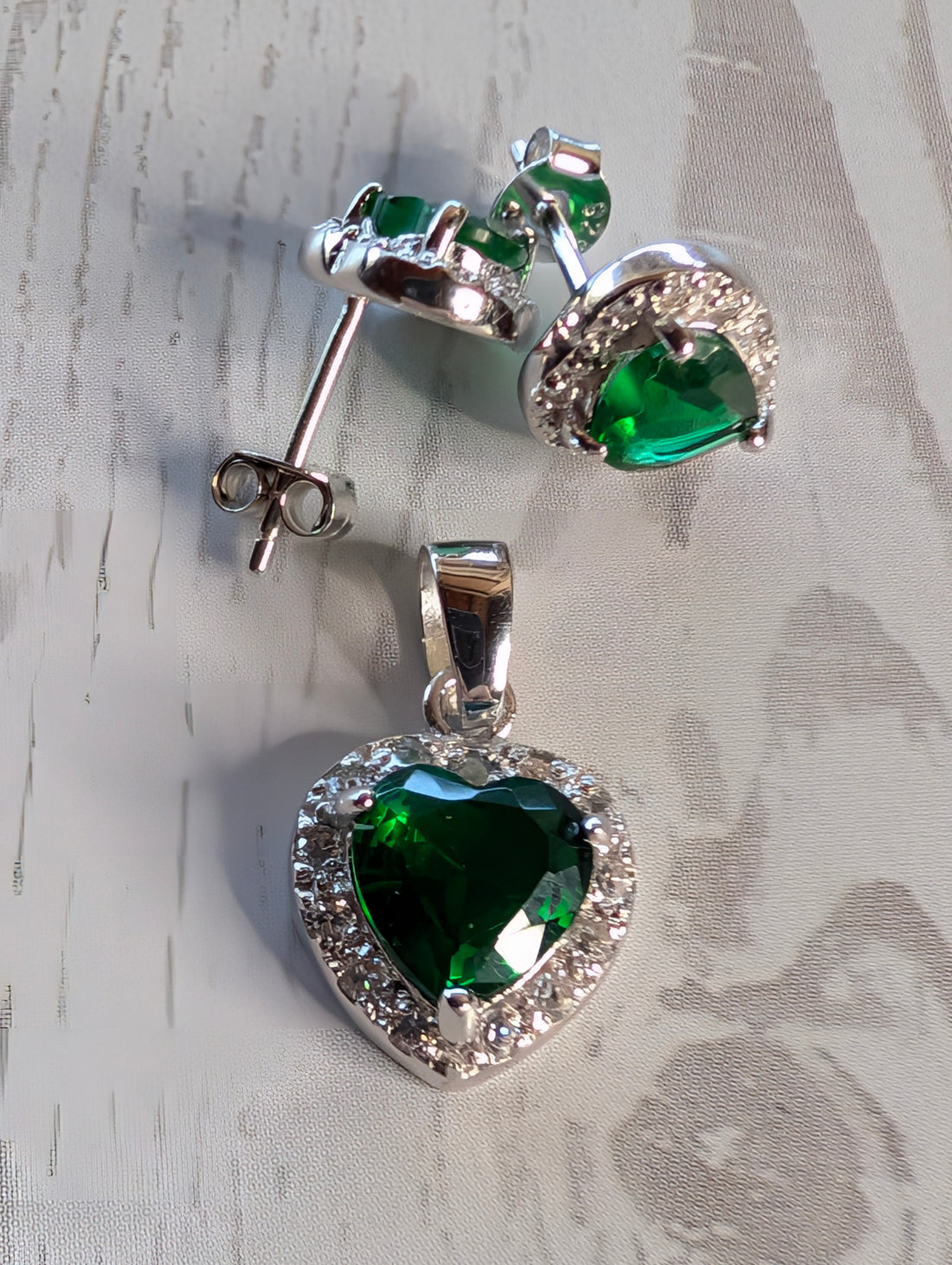 Sterling Silver CZ Green Gemstone Matching Earrings & Pendant Jewelry Set