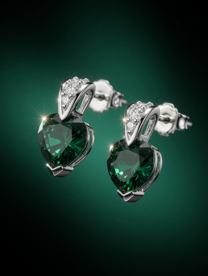 Sterling Silver CZ Green Heart Shape GemStone Earrings & Pendant Jewelry Set